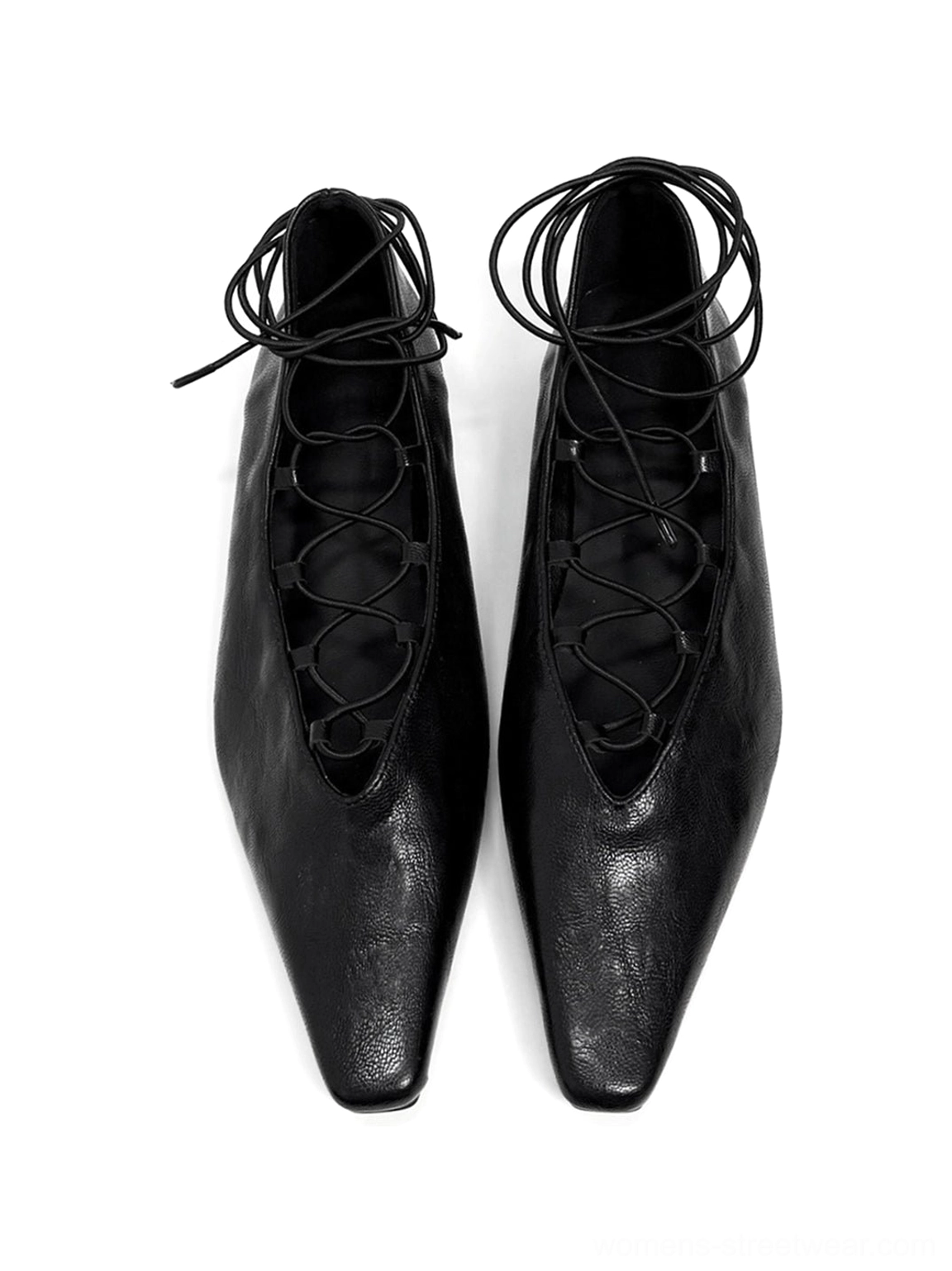 Black lace-up Mary Jane ballet flats product image featuring pointed square toe, crossed ankle straps, smooth upper, and low heel