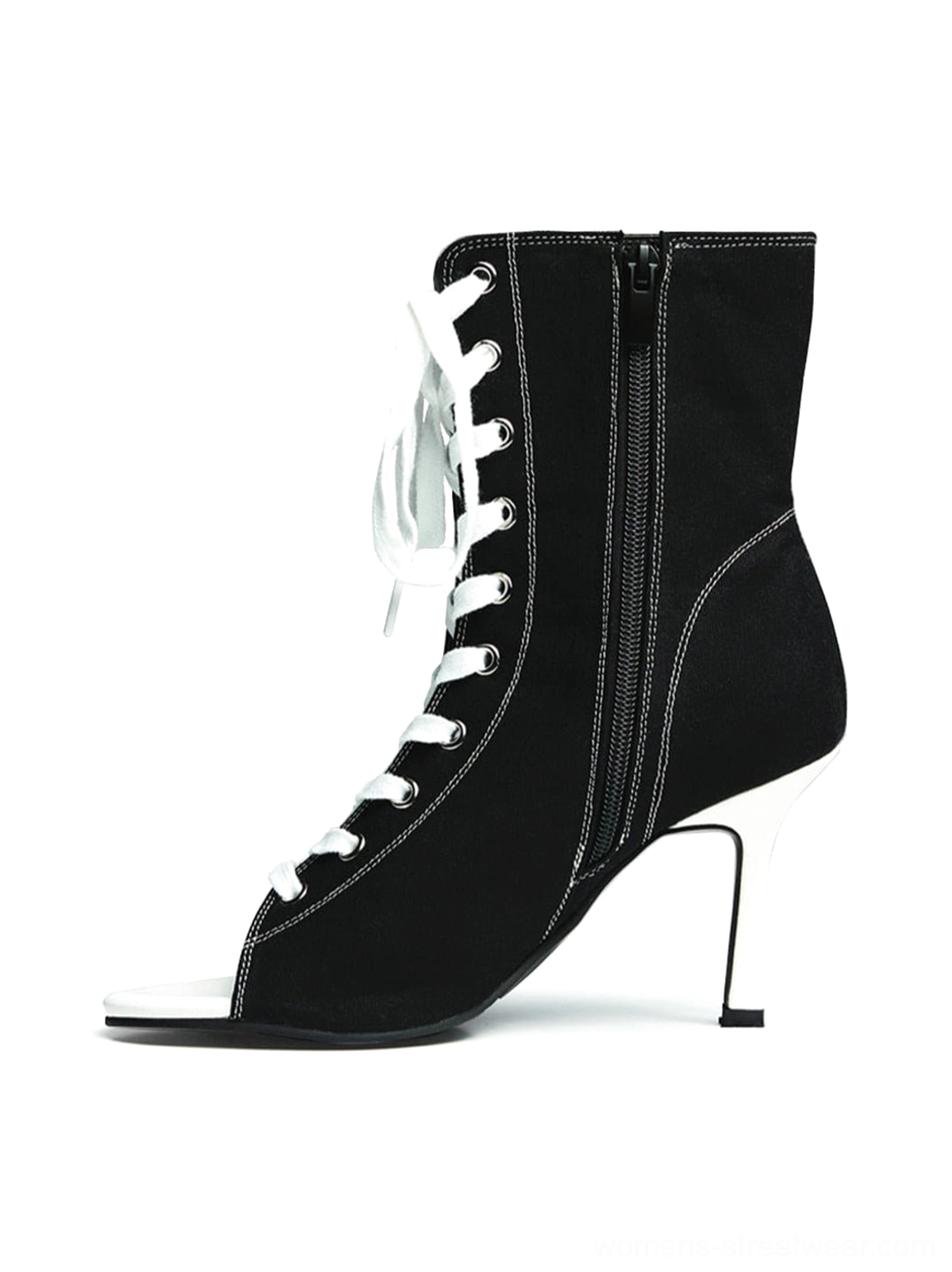 Black canvas lace-up peep-toe stiletto ankle boots with white laces, contrast stitching, open toe, and slim high heel