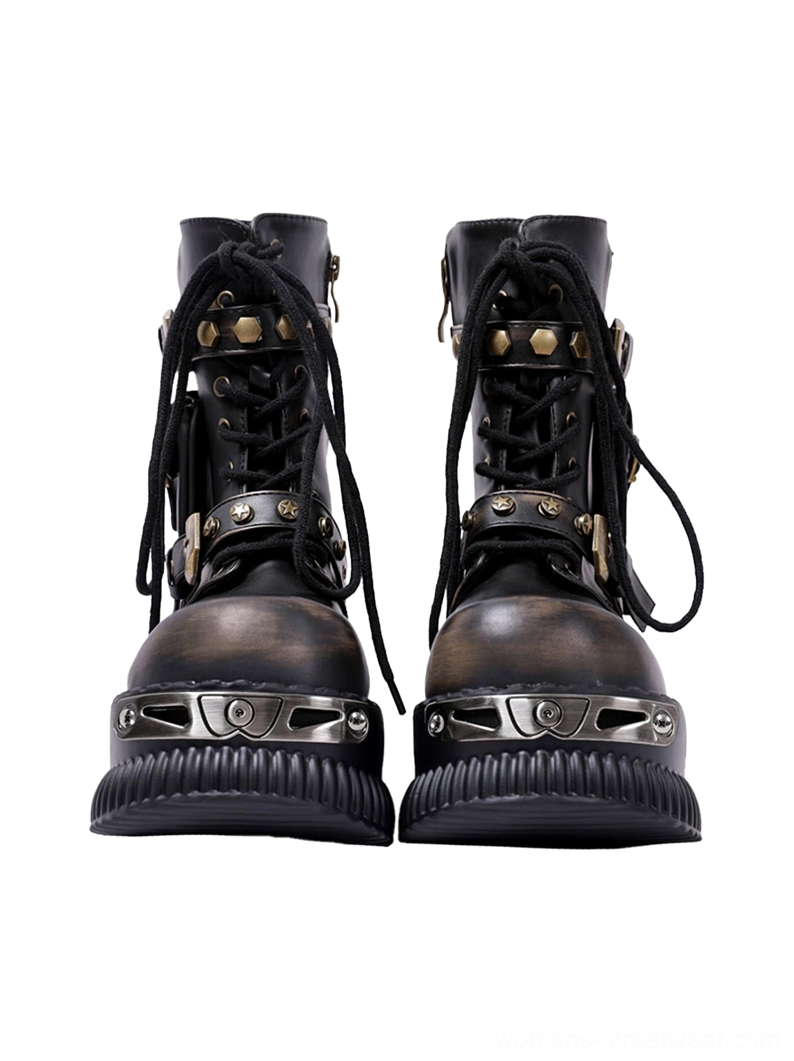 Front view of black lace-up punk platform ankle boots with decorative metal toe plates and thick ridged platform soles