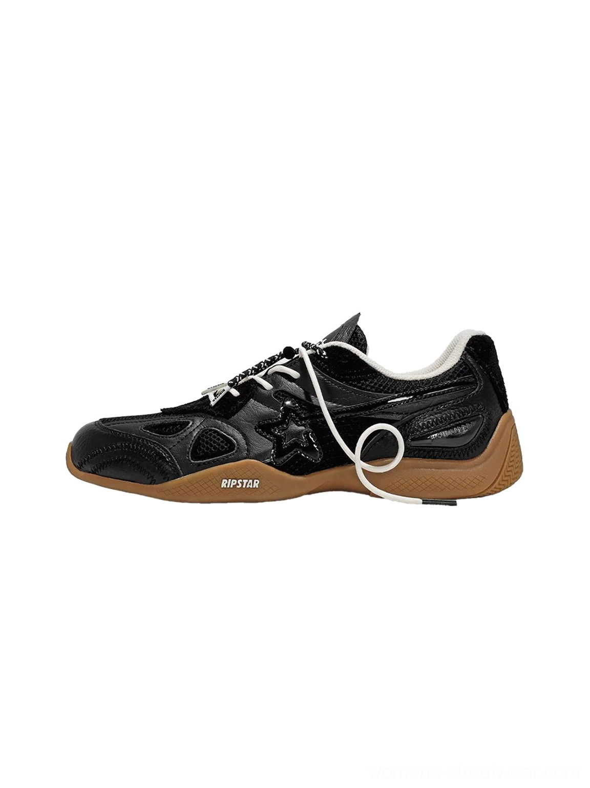 Side profile of black layered drawcord runner sneakers with mixed suede leather and mesh panels, white laces, padded collar, and gum brown rubber outsole