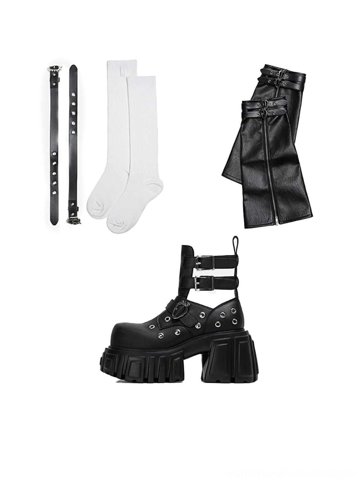 Black layered platform boots with optional sock and shaft styling multiple buckle straps metal eyelets and bold lugged soles