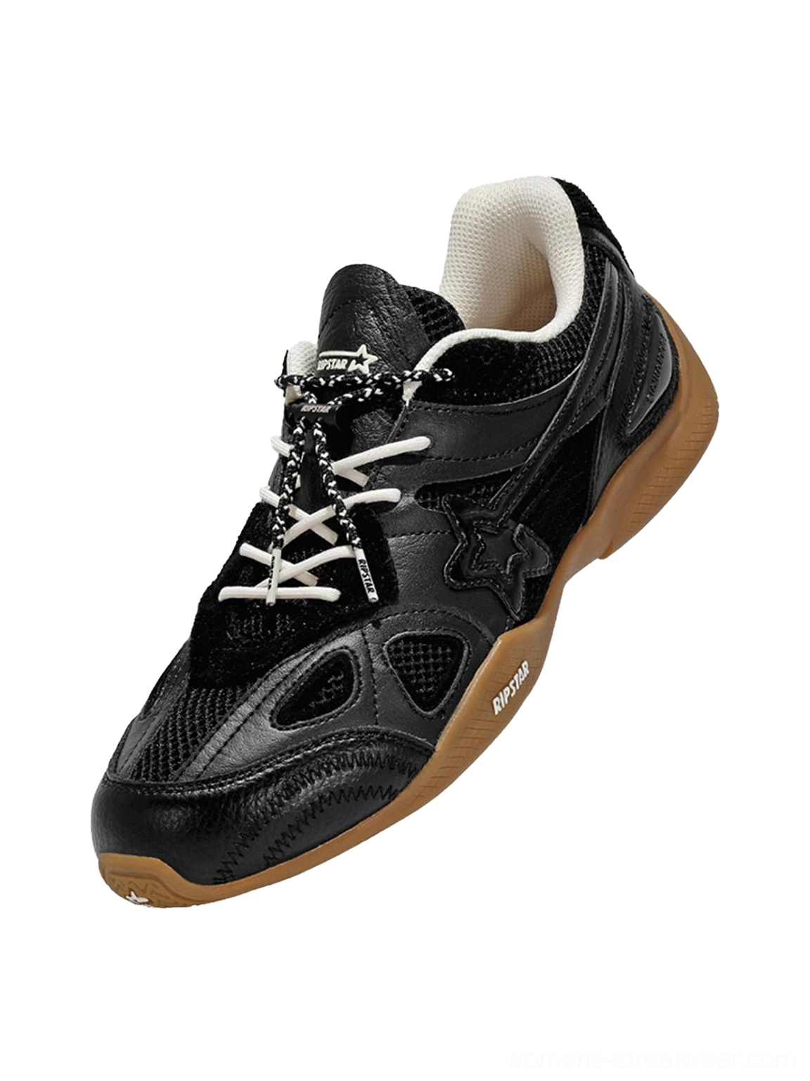 Oblique side view of a black layered streetwear sneaker highlighting upper stitching, drawcord lacing, suede overlays, and side star detail