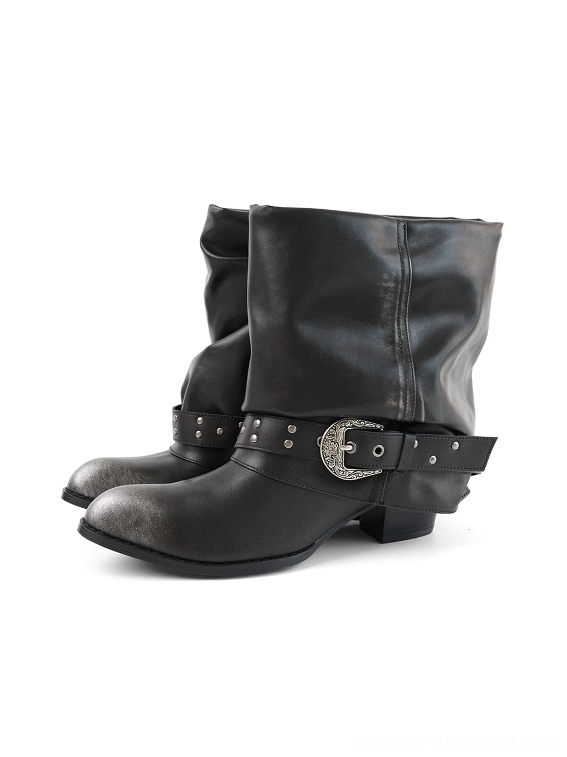 Pair of black leather-look pointed toe chunky ankle boots with silver buckle detail on white background