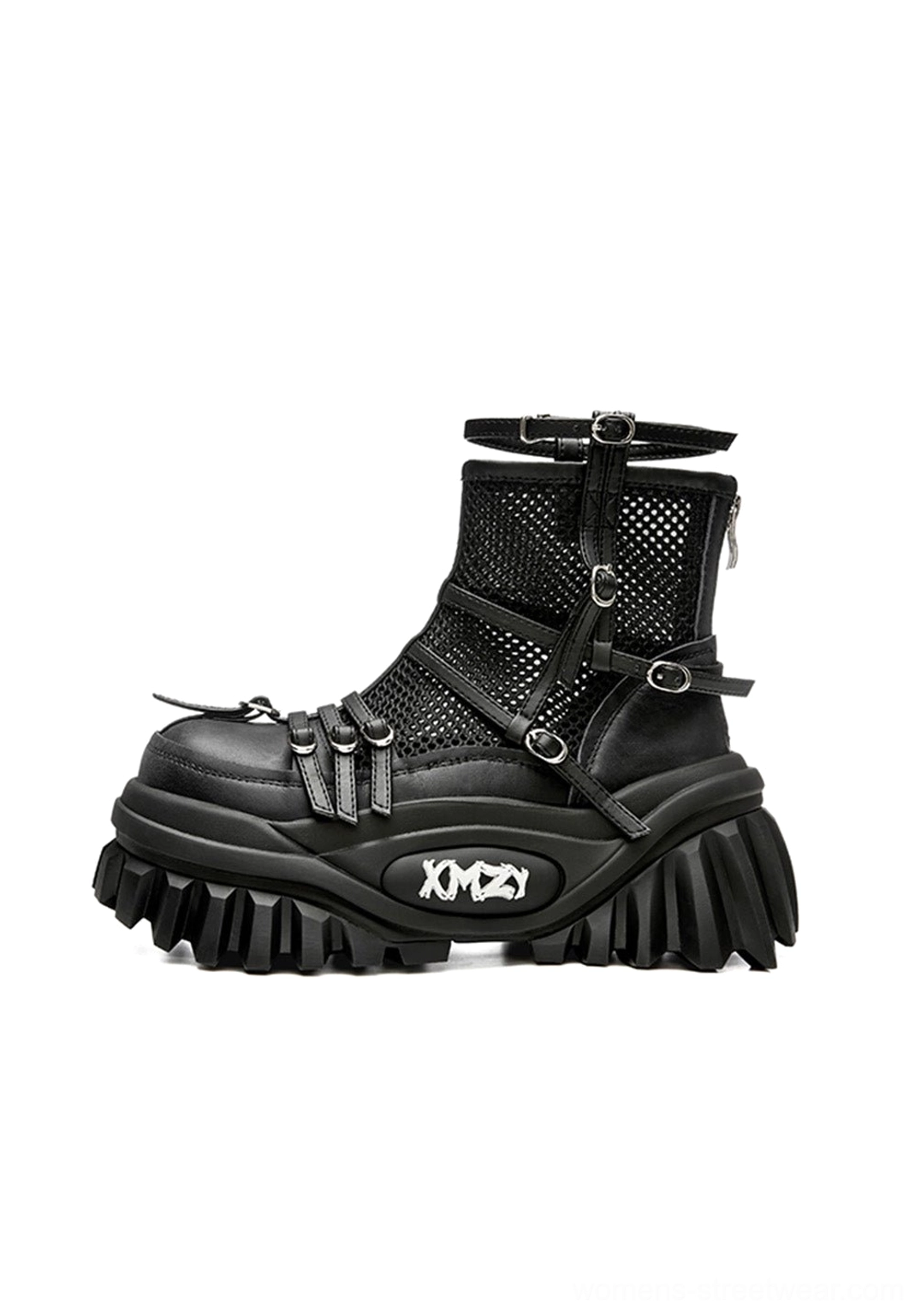 Right side view of black genuine leather and mesh platform combat boot with adjustable buckle straps, laces, and rugged sole
