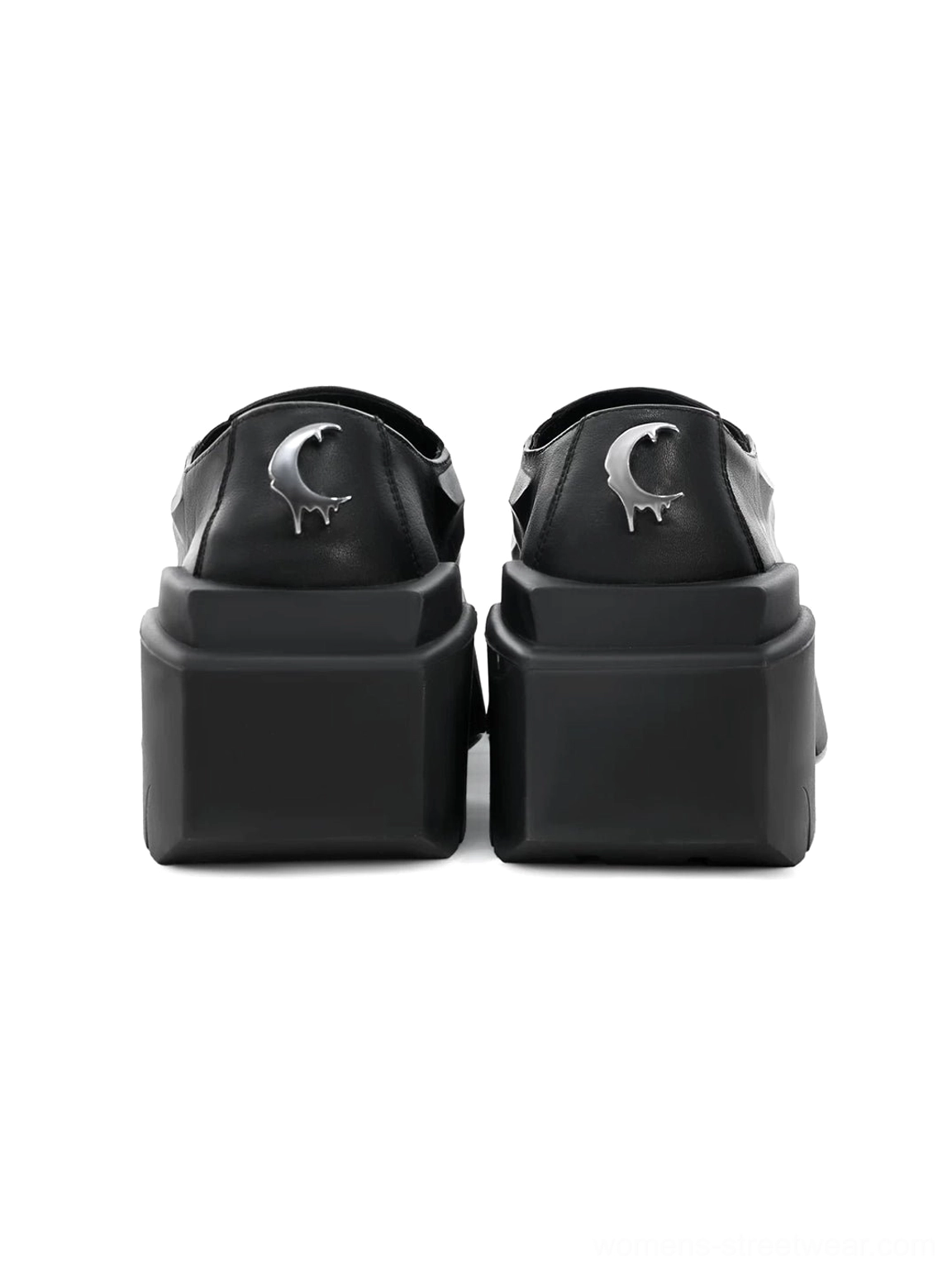 Rear top view of black leather platform derby shoes showing the square block heel and crescent moon heel counter detail
