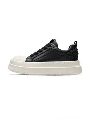 Black leather platform sneakers with off-white chunky sole and quilted heel panel left side profile view