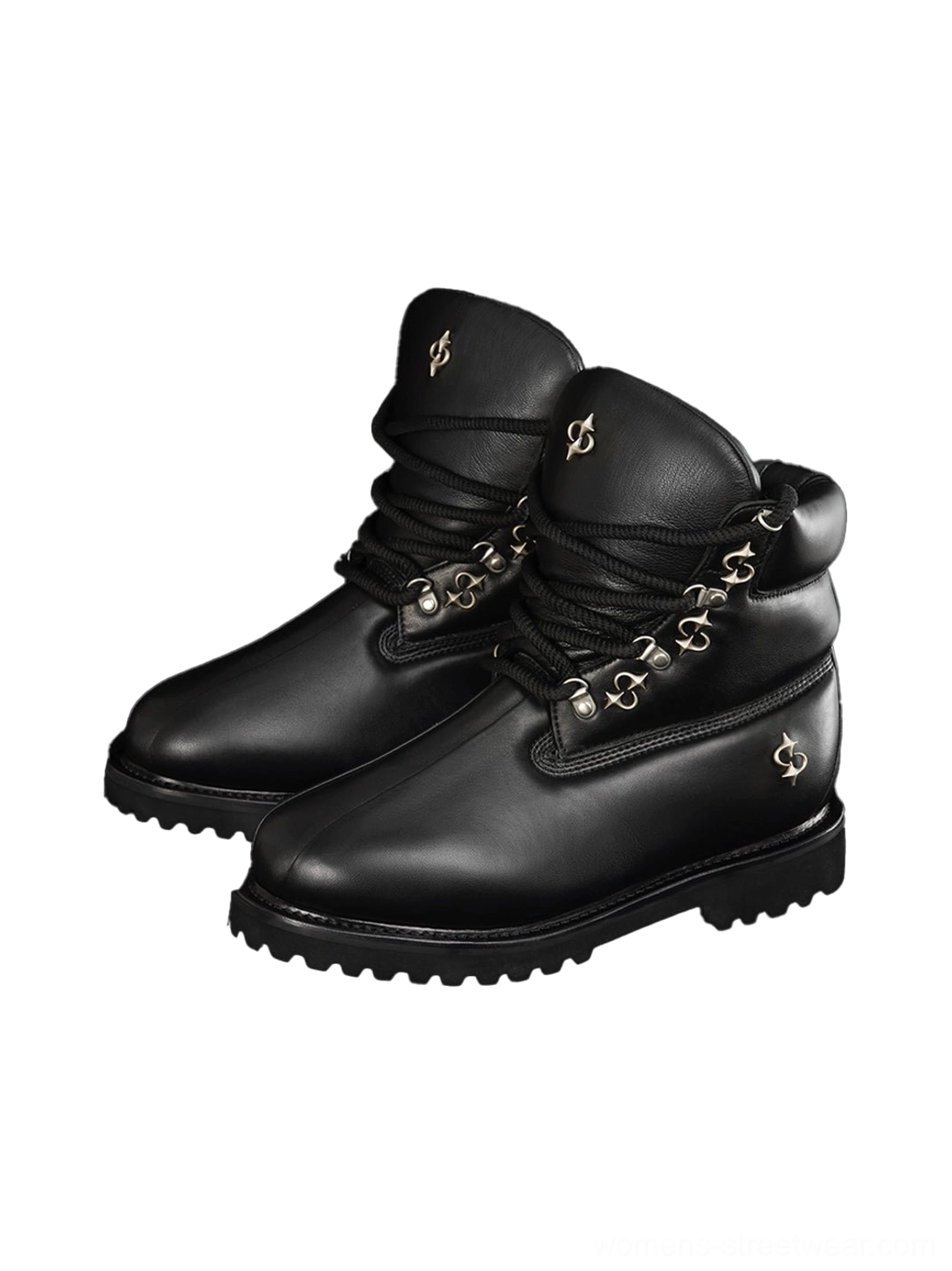 Pair of matte black leather shearling-lined work boots with black laces, silver eyelets, padded fleece collar, rounded toe, and rugged black lug outsole