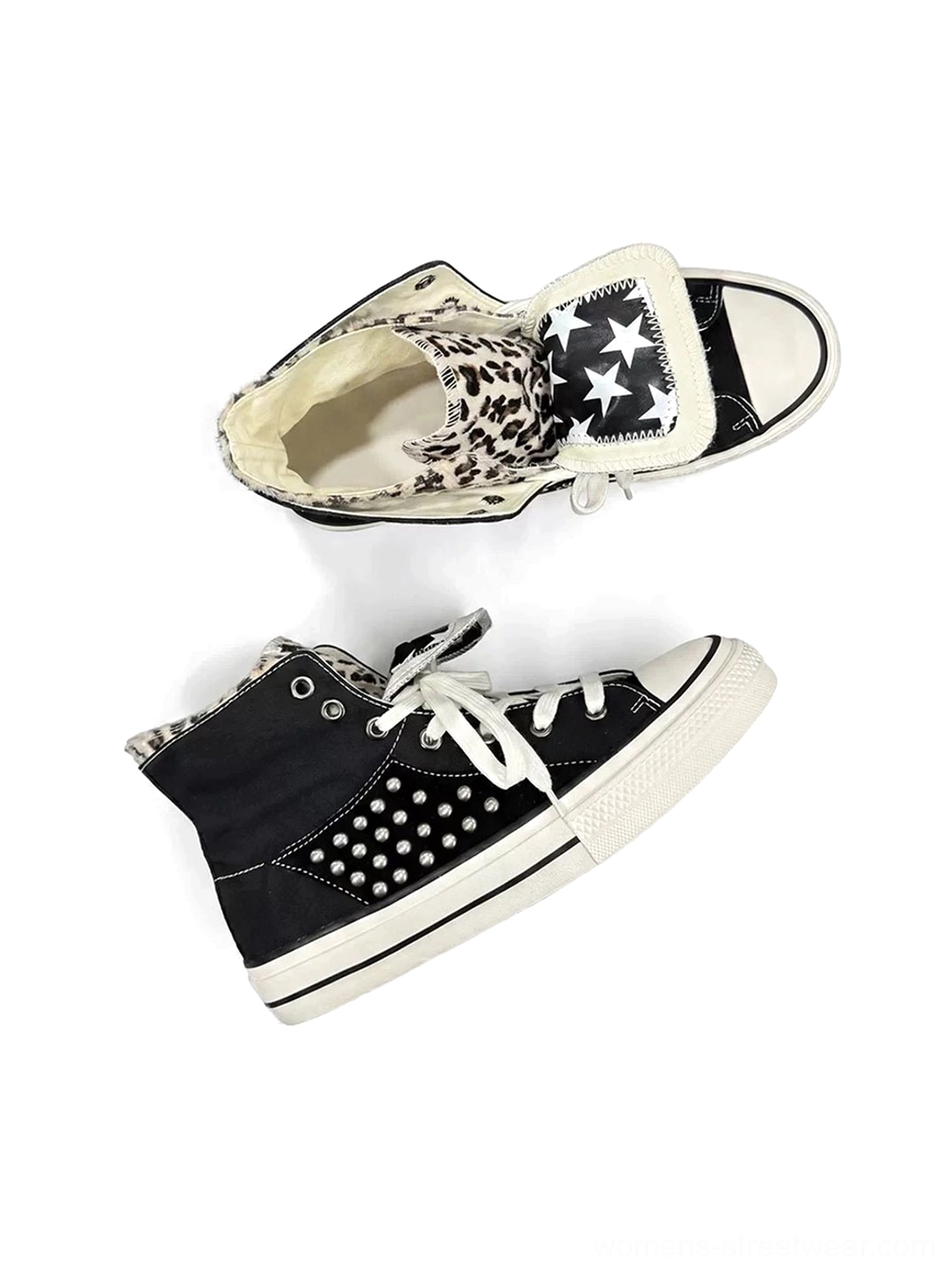 Black leopard collar rivet high-top canvas sneakers with star print insole and silver heel studs