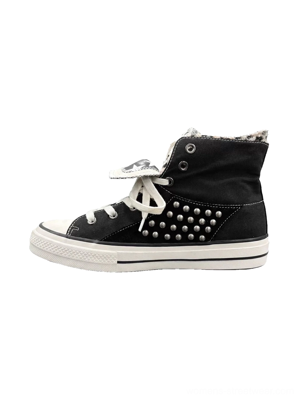 Black leopard print foldover collar rivet high-top canvas sneakers left side view on white background