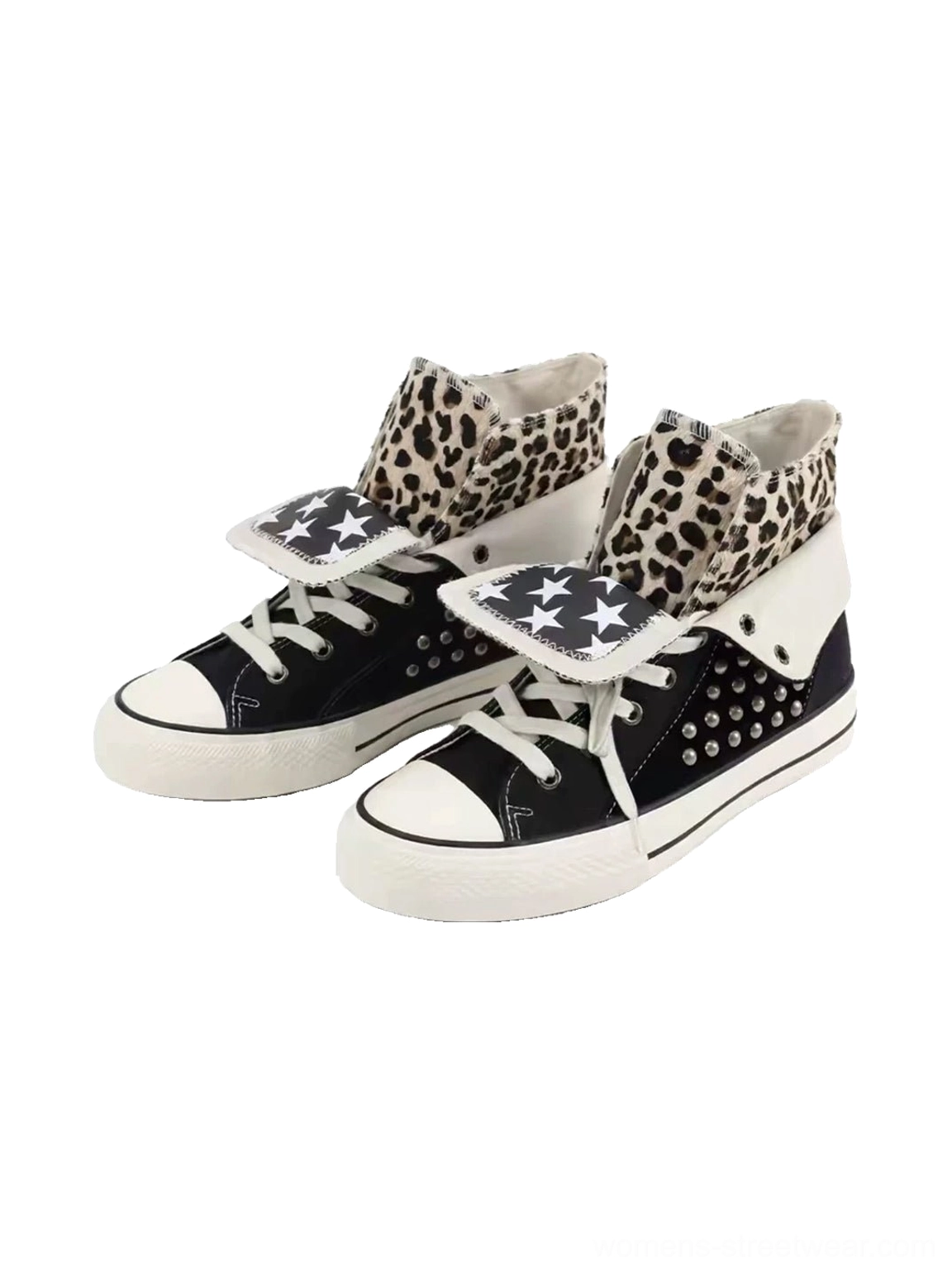 Black high-top canvas sneakers with leopard print foldover collars silver rivets and star print lining
