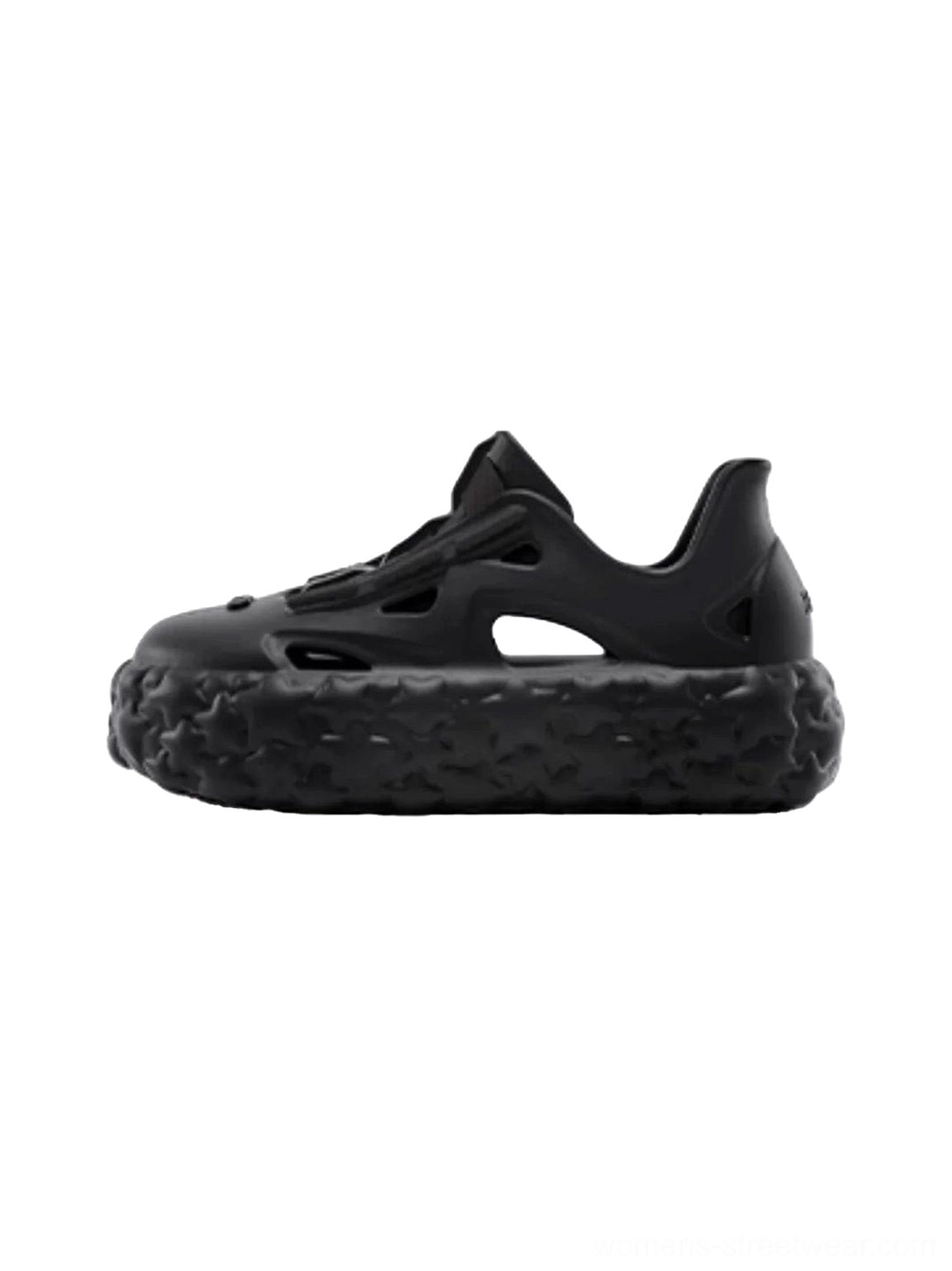 Black lightweight star platform sandals shown from the side with ventilated slip-on upper and chunky textured lug sole