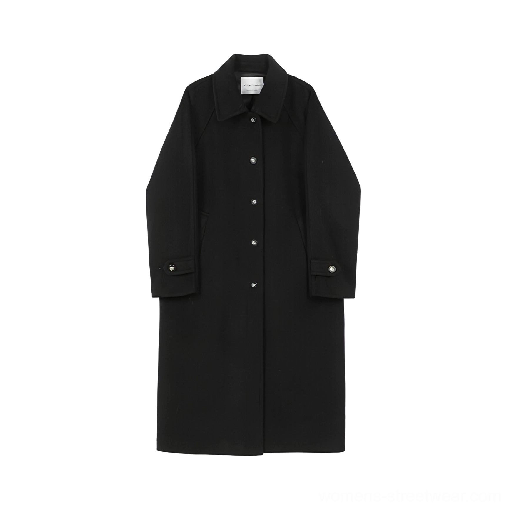 Black long insulated streetwear overcoat flat lay showing notched collar metal button front and adjustable cuff straps