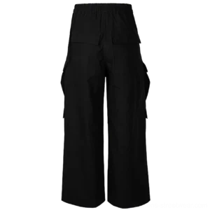 Black loose wide-leg cargo pants front view on white background with layered side utility pockets and drawstring waist