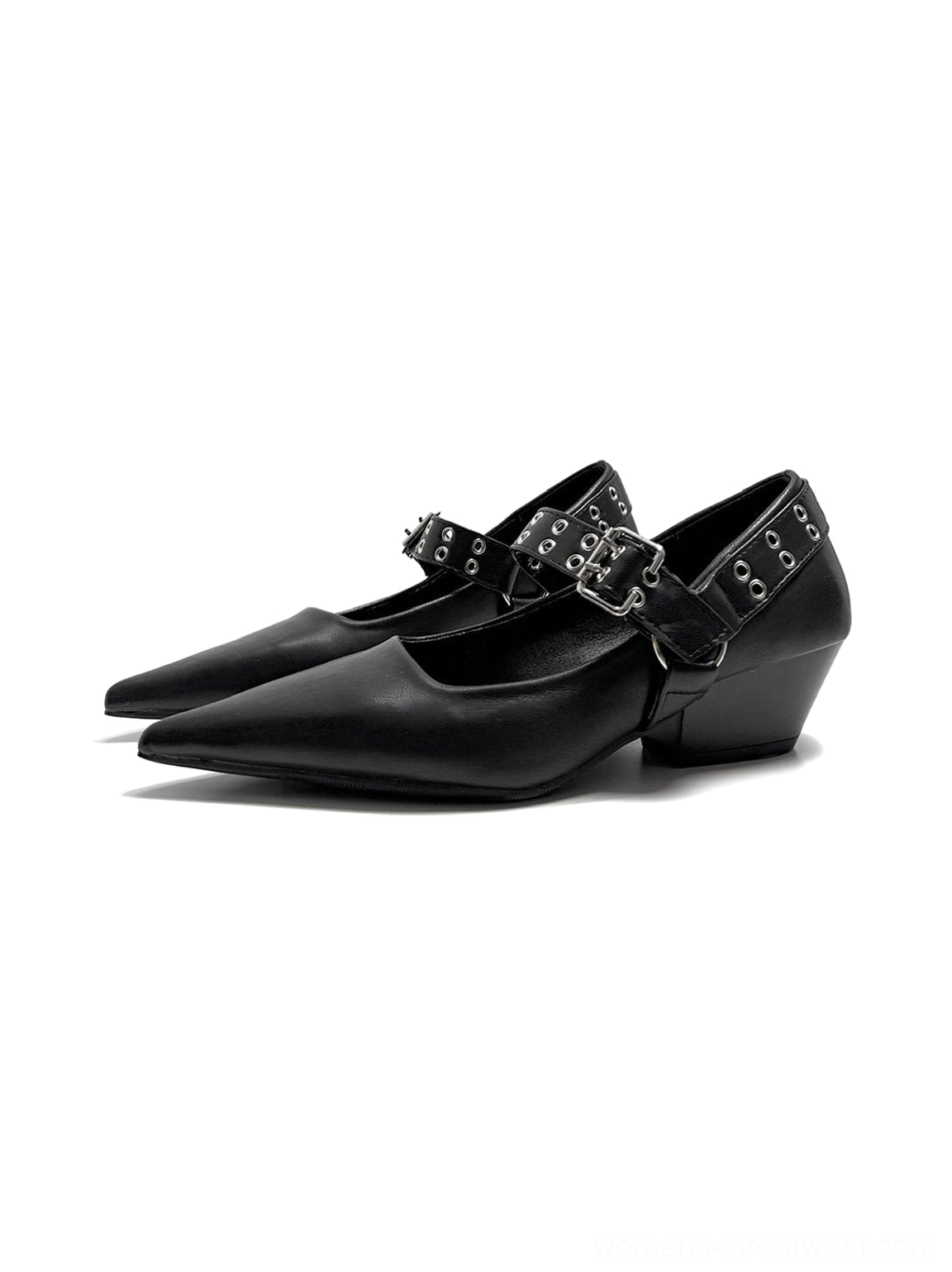 Black low block heel Mary Jane pumps with pointed toe and adjustable grommet buckle strap for alternative streetwear looks