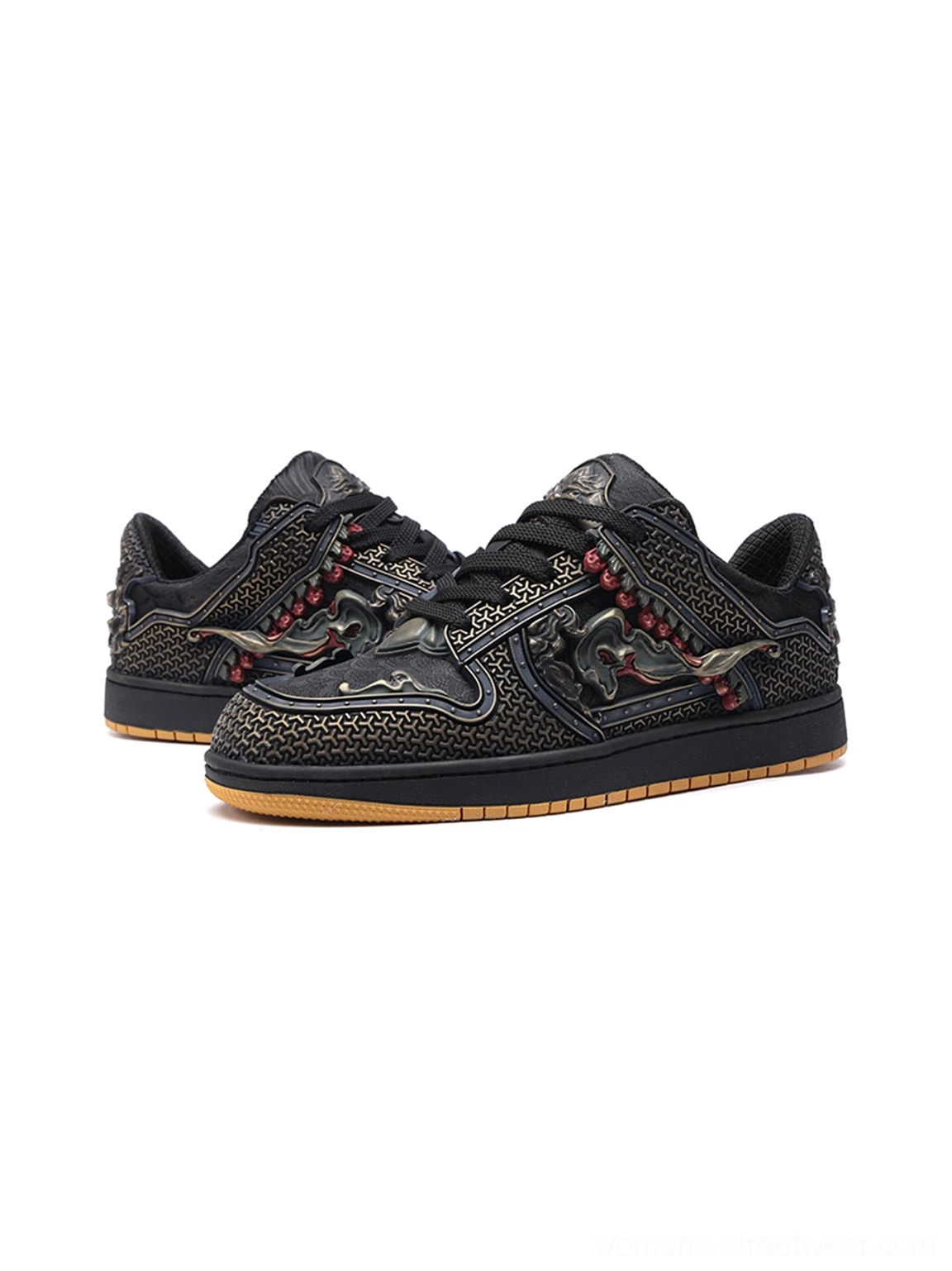 Black low-top dragon sneakers with modern Korean streetwear influence, layered construction, and statement heel details