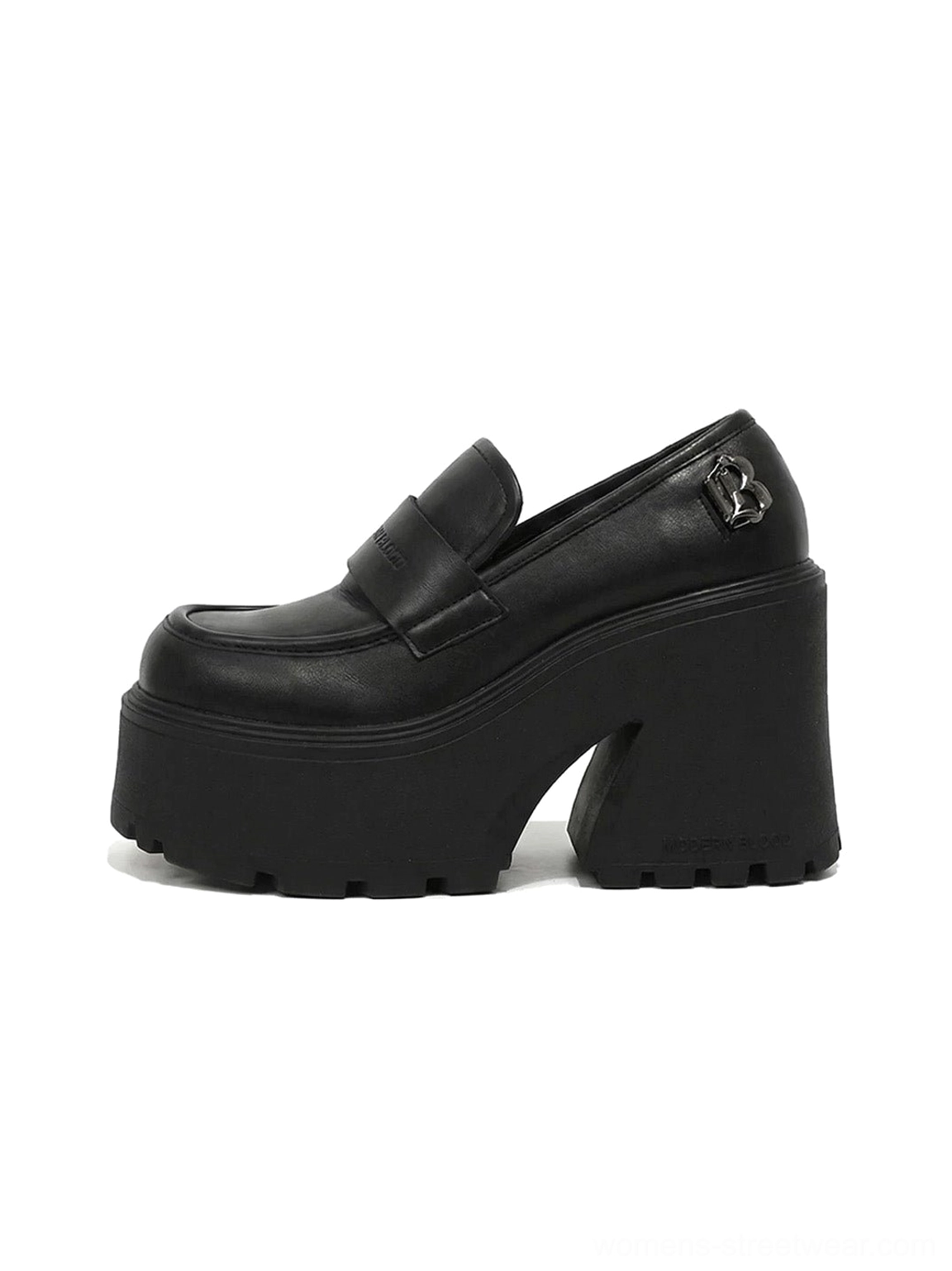 Single black chunky lug platform block heel loafer with smooth slip-on upper and polished metal hardware on a white studio background
