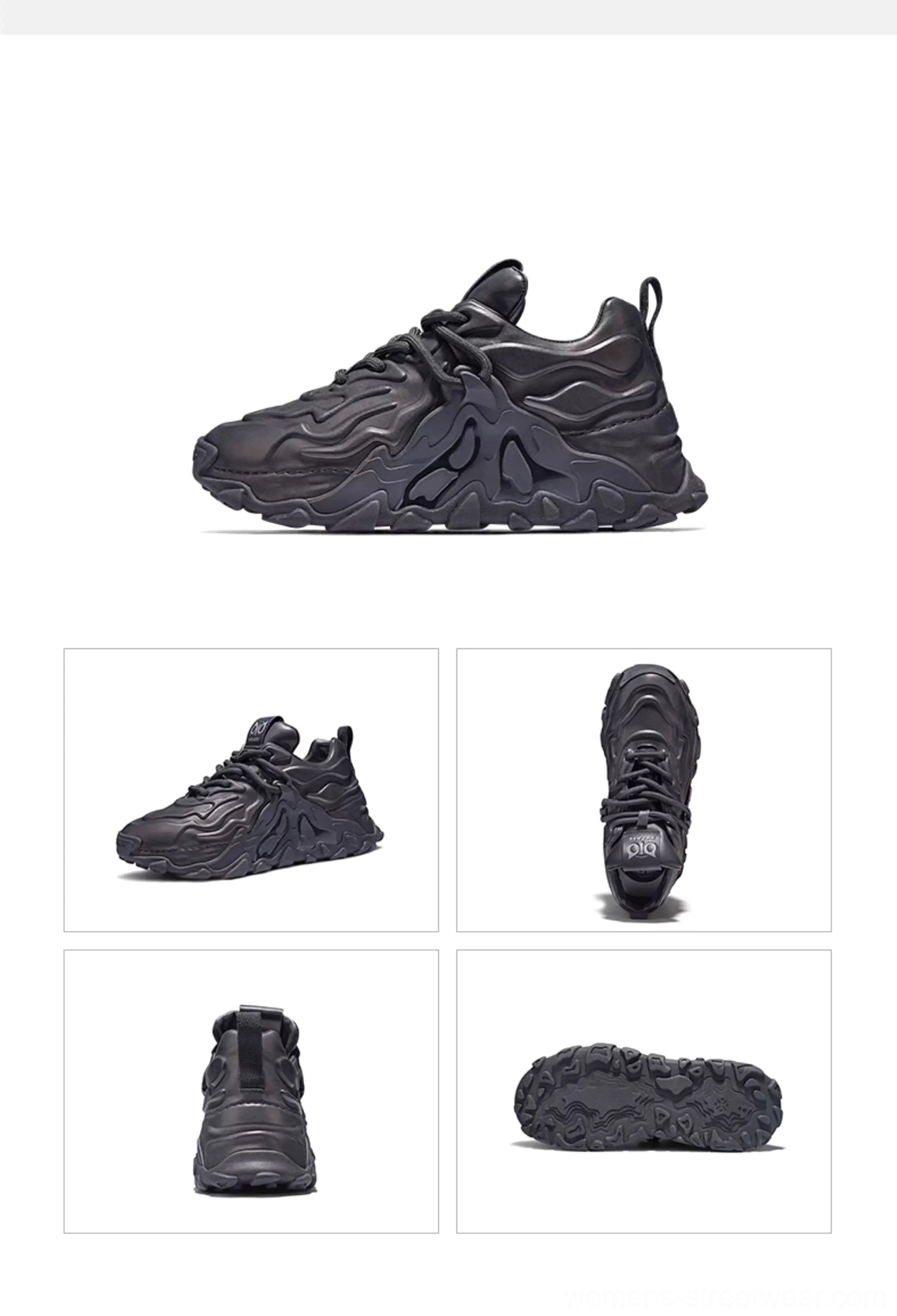 Black MagmaFlow sculpt chunky sneakers shown from multiple angles with a matte molten wave leather upper and bold rubber outsole