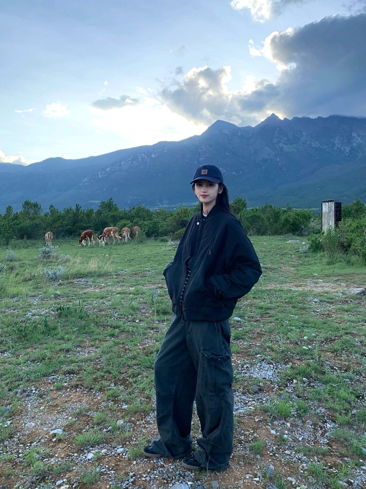 Black matte flight bomber jacket shown from the side with cargo pockets and mountain pasture background