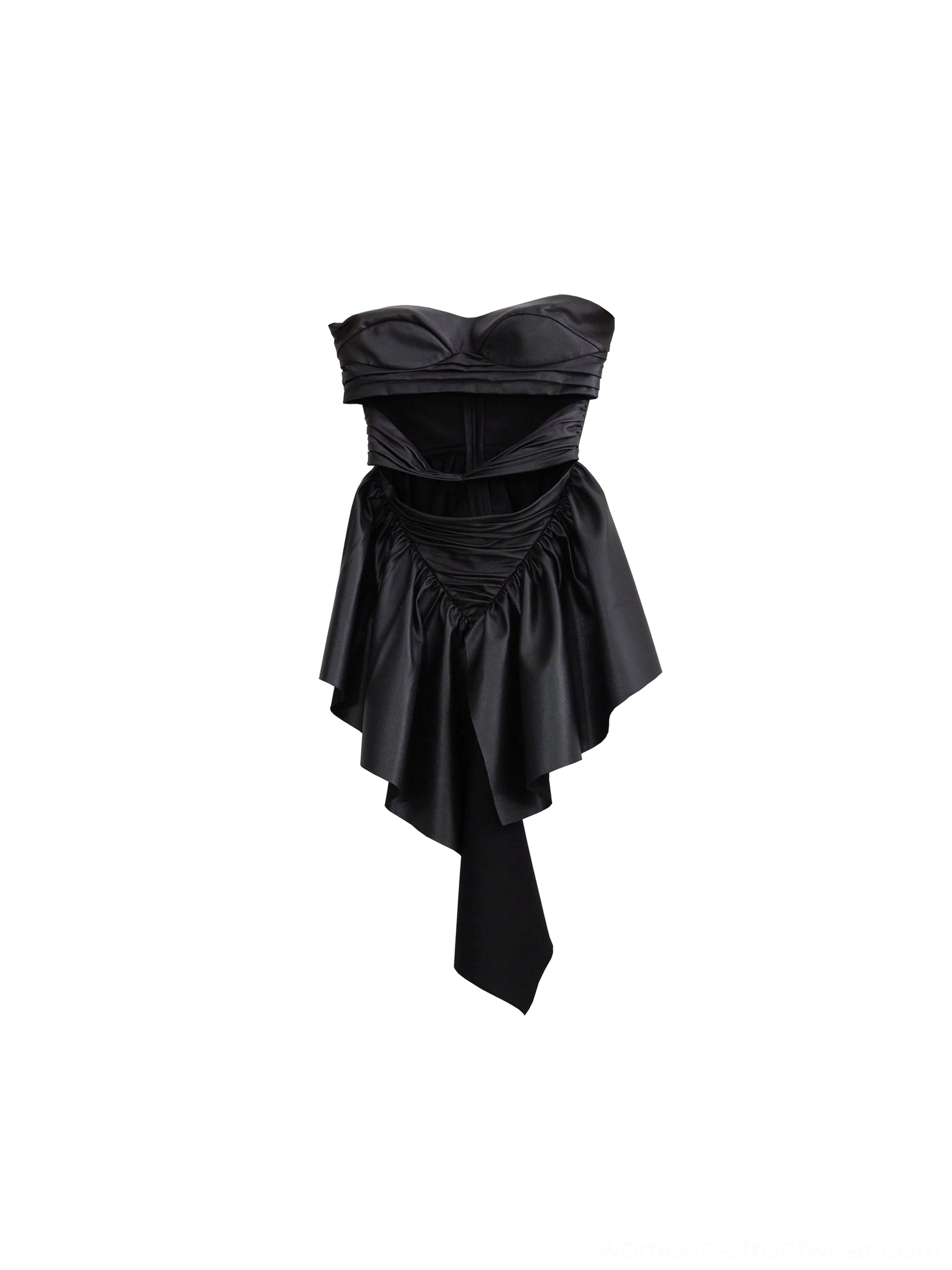 Flat lay front view of black matte PU ruffled corset crop top with ruched bodice, asymmetric peplum, and lace-up back detail