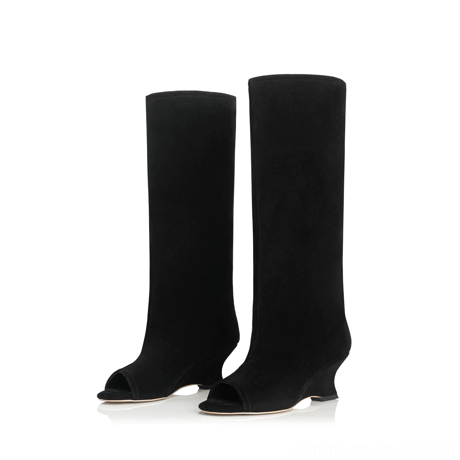 Black matte suede-look peep toe boots with wide tall shafts and low curved wedge heels
