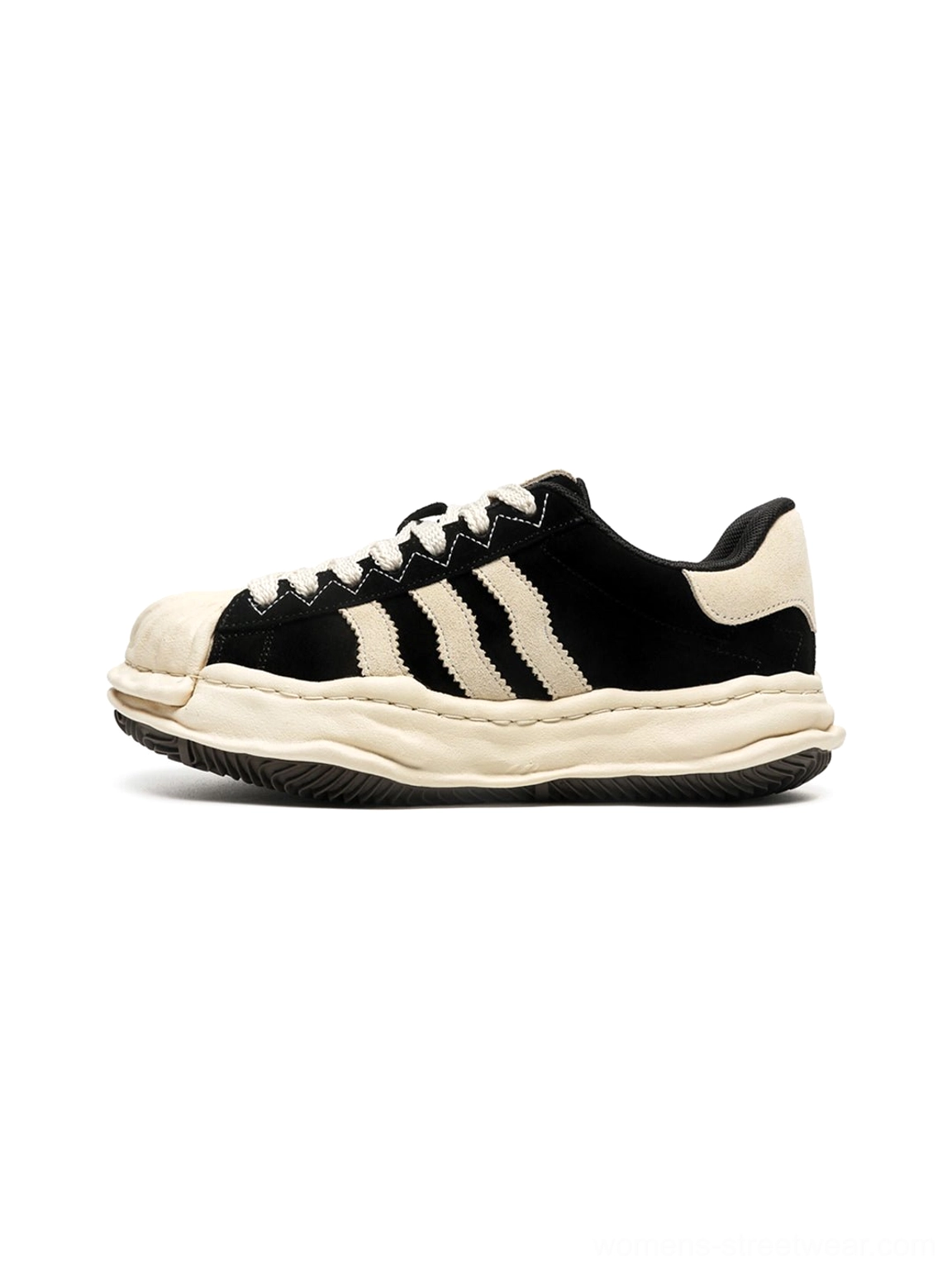 Black melted shell-toe platform sneakers with off-white rubber toe cap, three side stripes, chunky platform sole, and Y2K streetwear design