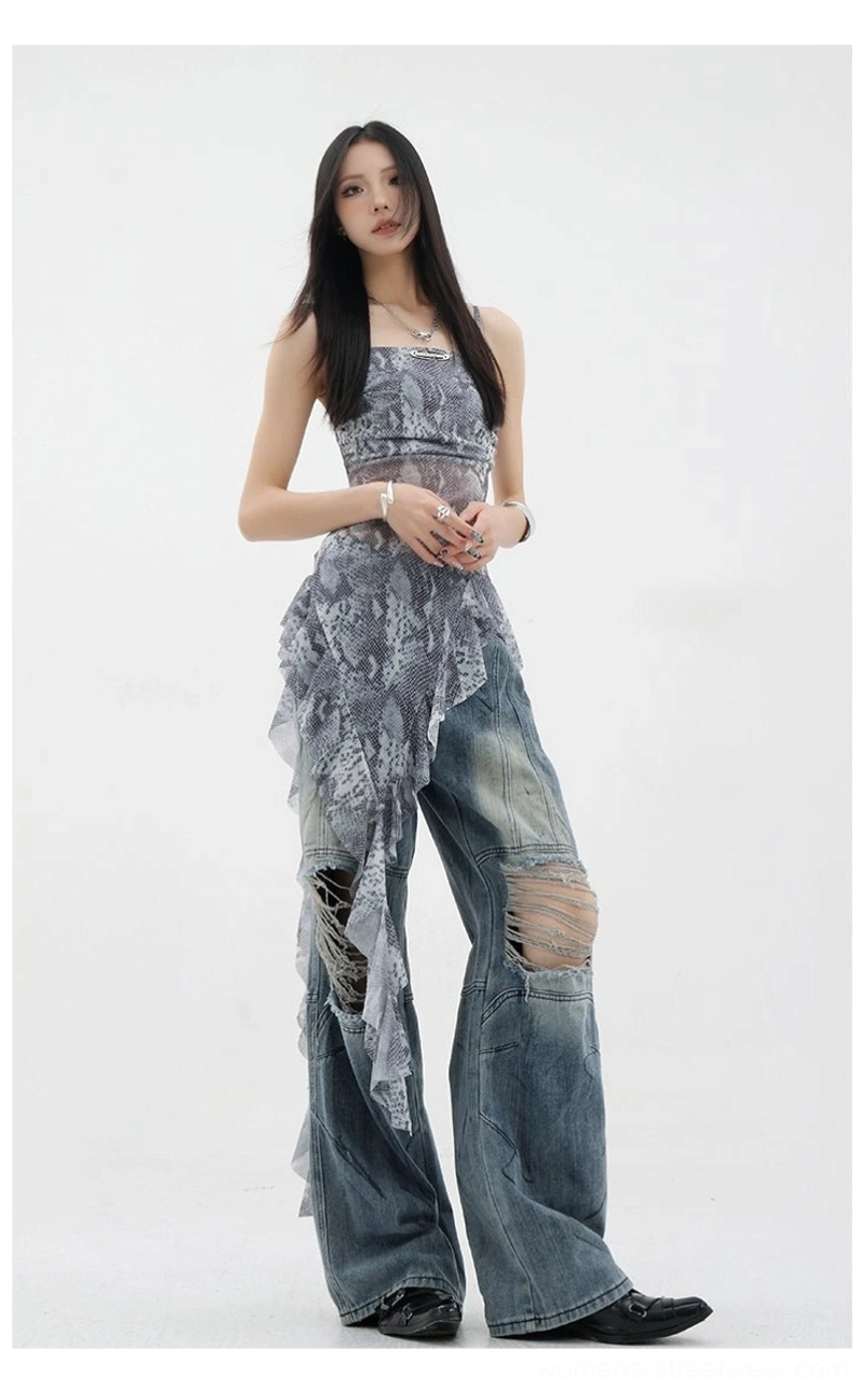 Black mesh fabric asymmetric ribbon-strap ruffle tank top sheer option front view showing transparency and sophisticated aesthetic