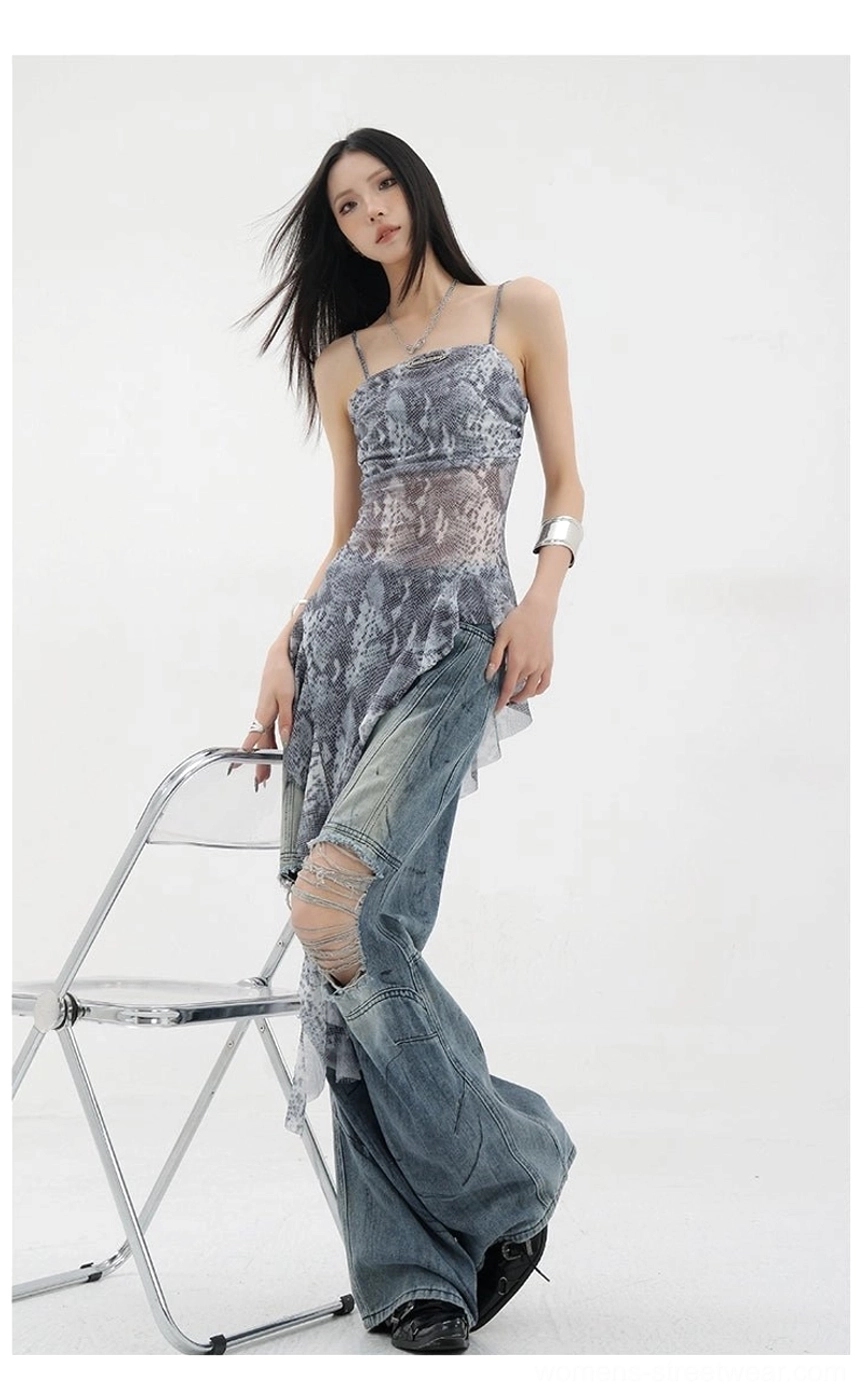 Black mesh fabric asymmetric ruffle tank detail shot showing mesh texture definition and construction quality precision