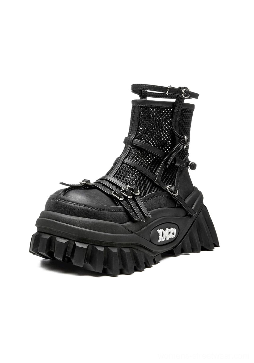 Left side three-quarter view of black mesh-cuff platform combat boot with genuine leather upper, metal buckles, and deep lug sole