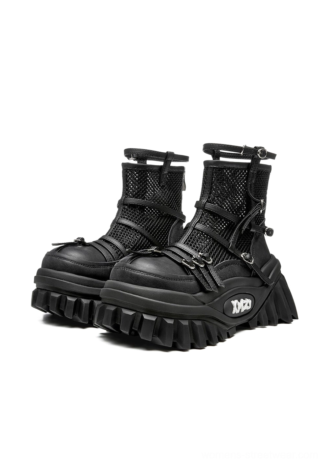 Black mesh-cuff platform combat boots with layered laces, buckle straps, genuine leather panels, and deep lug soles front angled pair view