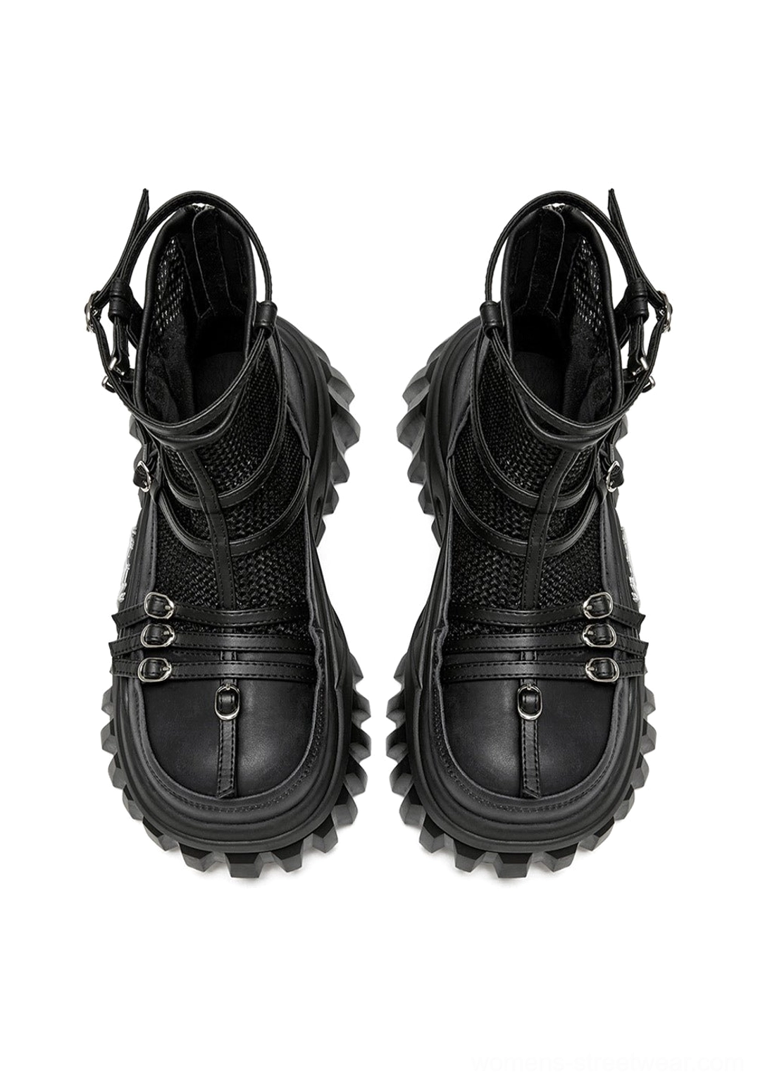 Front view pair of black mesh-cuff platform combat boots featuring layered buckle straps, rounded toes, and thick lug platforms
