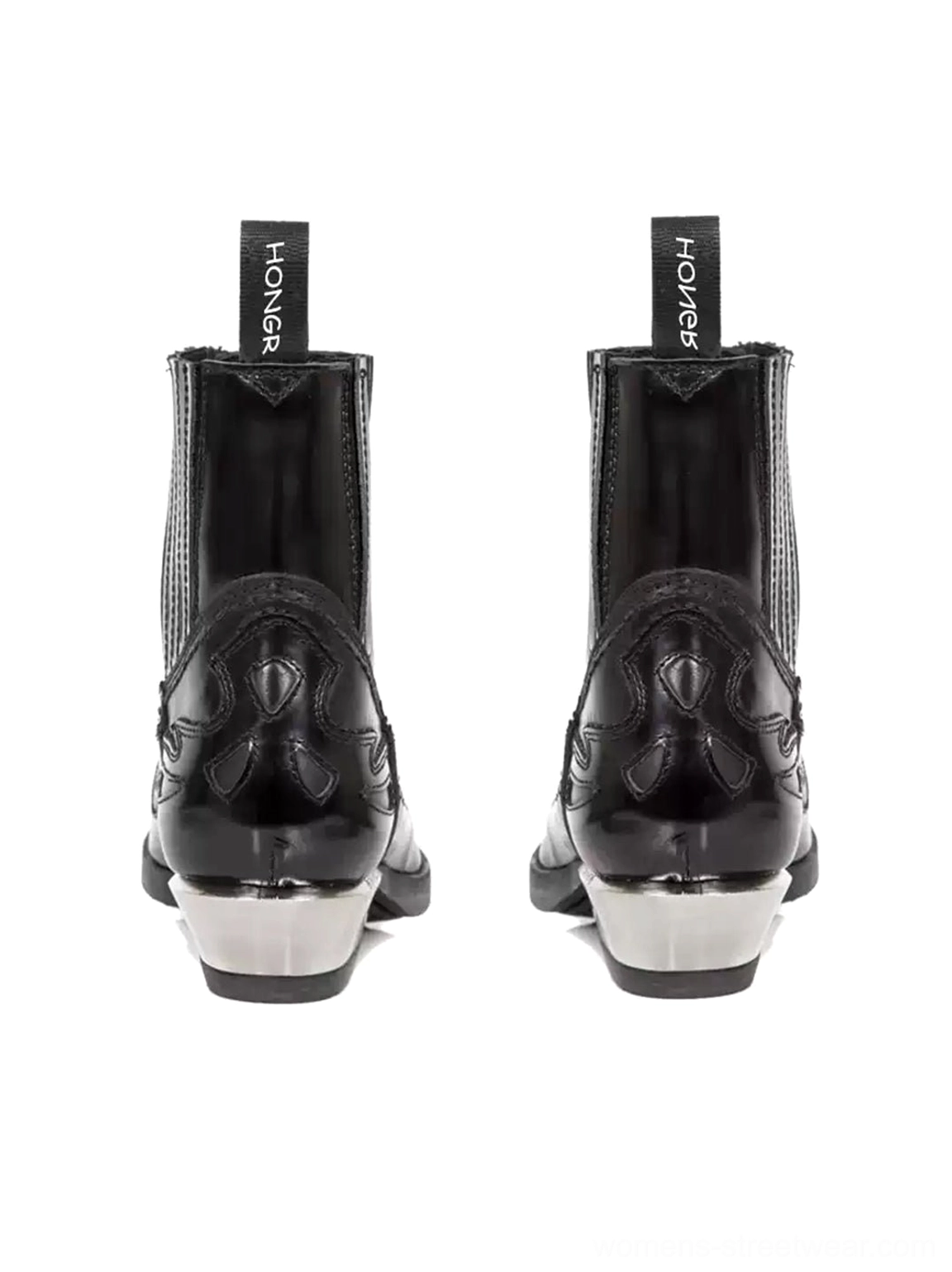 Rear product view of black metallic heel Chelsea cowboy boots showing embroidered heel counters, pull tabs and silver block heels