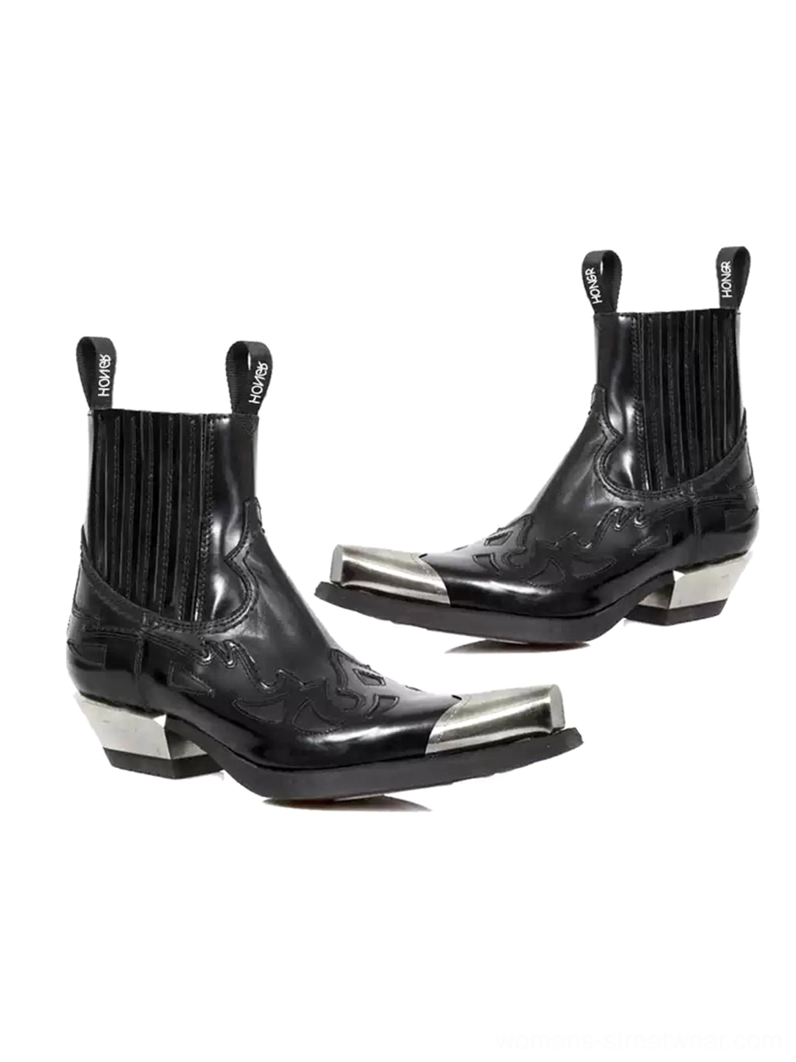 Opposite side flat lay view of a pair of black metallic toe block heel Chelsea cowboy boots showing the complete polished boot structure