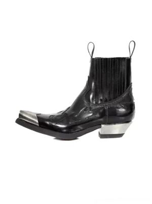 Black metallic toe block heel Chelsea cowboy boots in left side view showing polished upper, western embroidery, elastic gore panel and silver heel