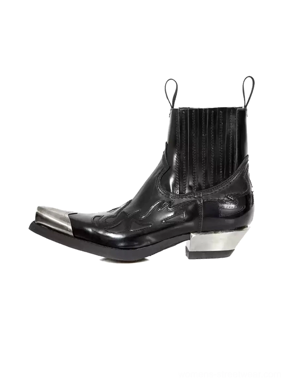Black metallic toe block heel Chelsea cowboy boots in left side view showing polished upper, western embroidery, elastic gore panel and silver heel