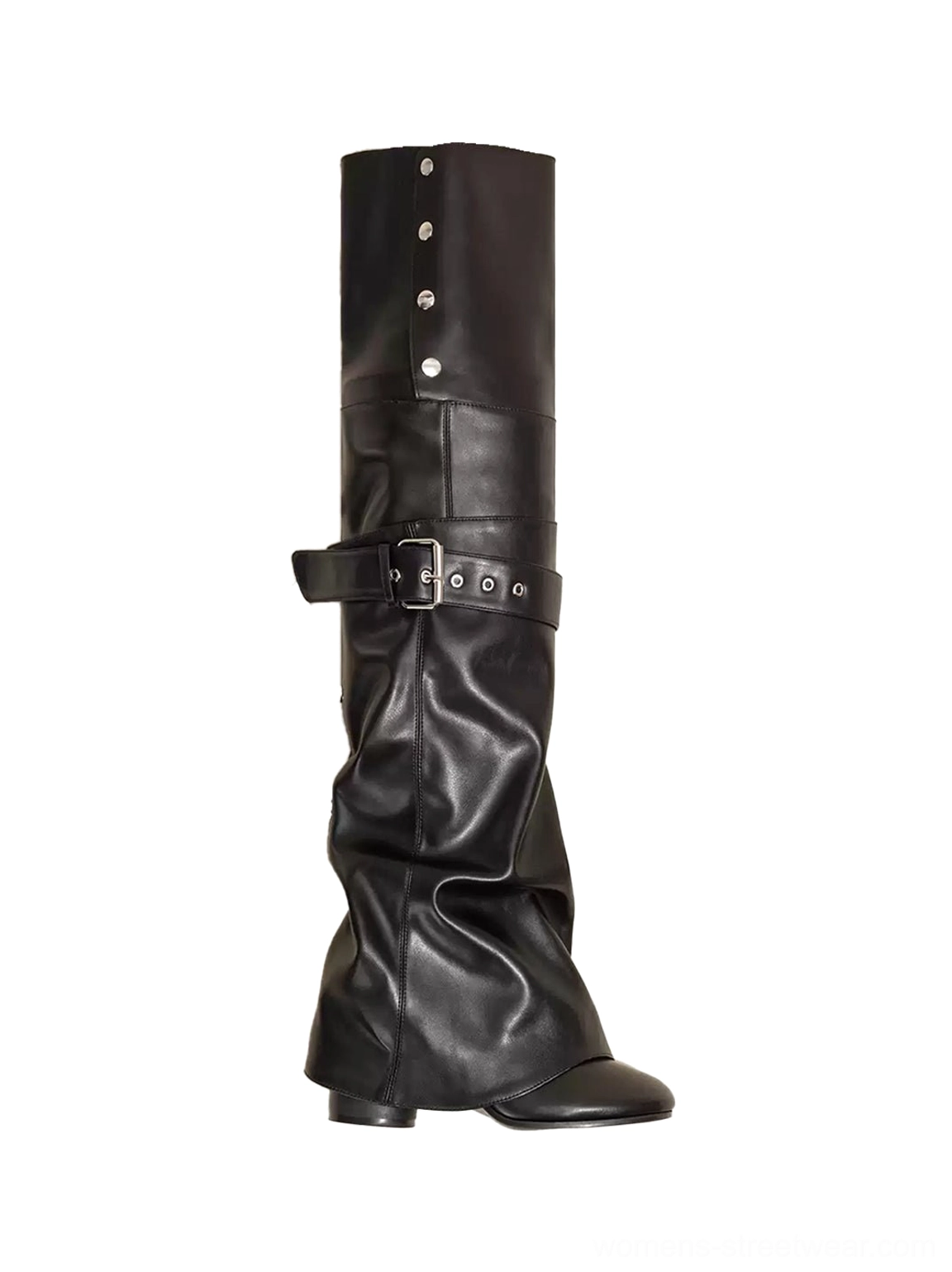 Black microfiber leather convertible over-the-knee boot showing full slouchy shaft buckle strap and foldover design