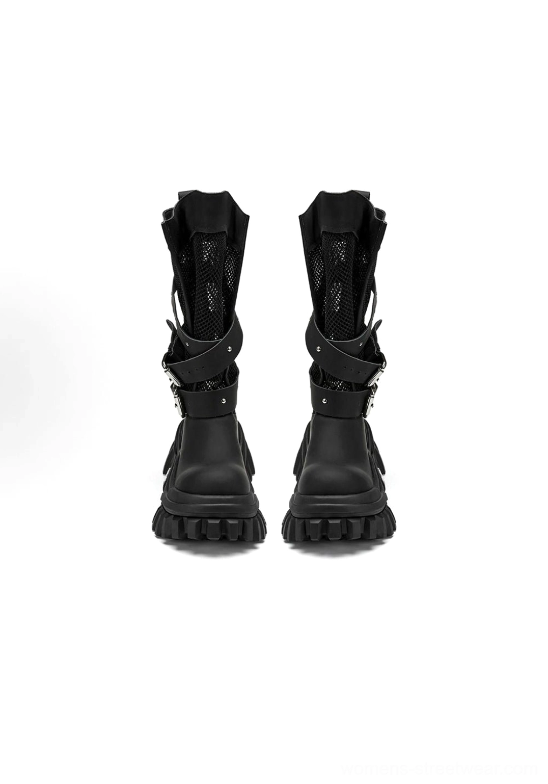 Front view of black mid-calf gothic platform combat boots with matte finish breathable mesh inner panels and adjustable double buckle straps
