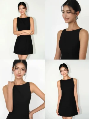 Back three-quarter view of a black minimalist shift mini dress with sleeveless cut and tailored short hem