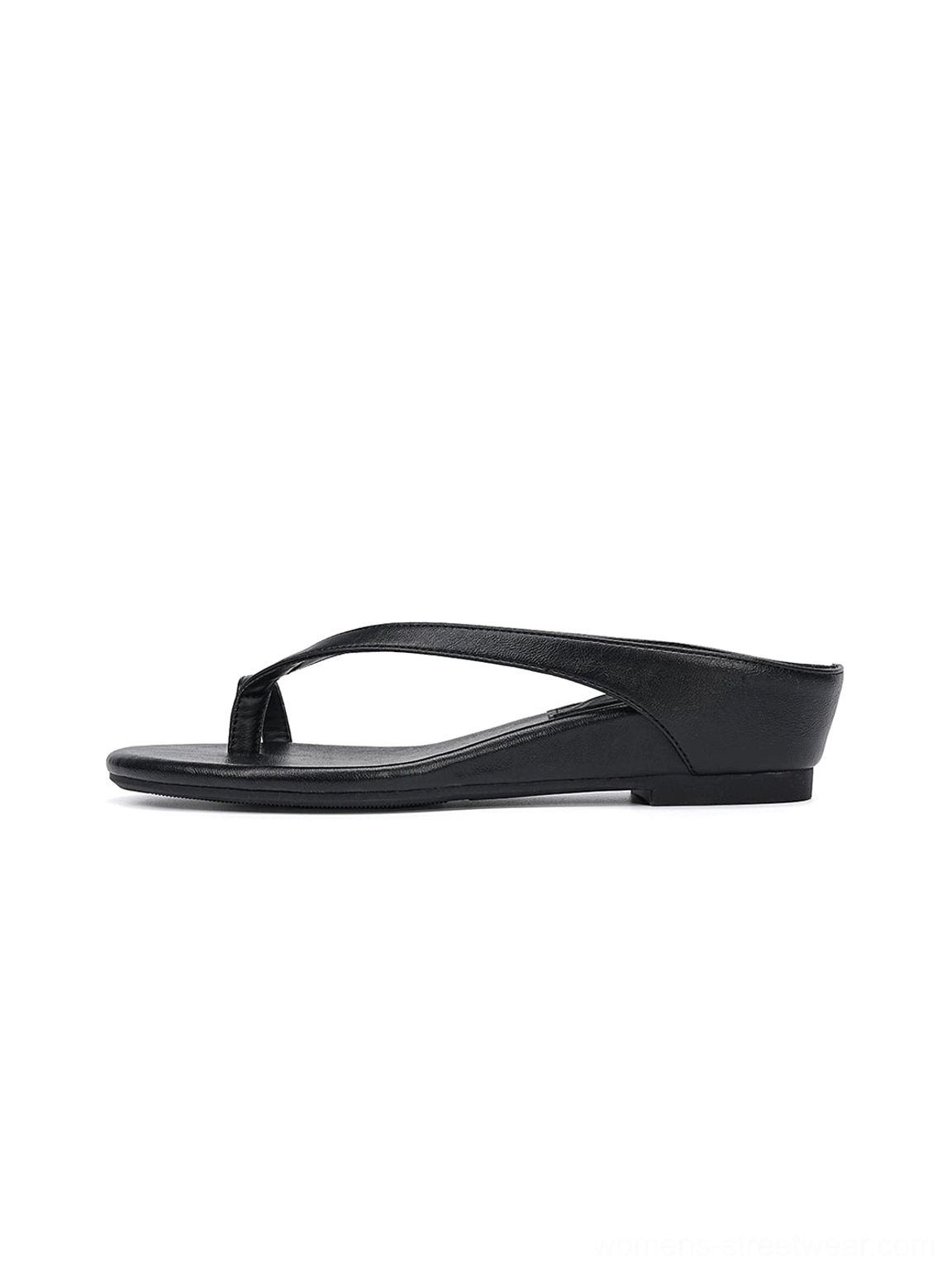 Black minimalist toe ring low wedge flip-flop sandals in side profile on a clean white background