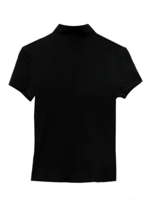 Flat lay back view of a solid black mock neck short sleeve fitted top made from smooth stretch knitted fabric