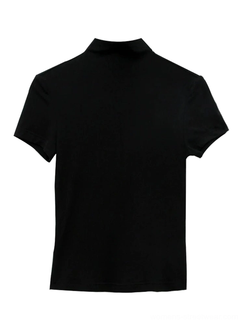Flat lay back view of a solid black mock neck short sleeve fitted top made from smooth stretch knitted fabric