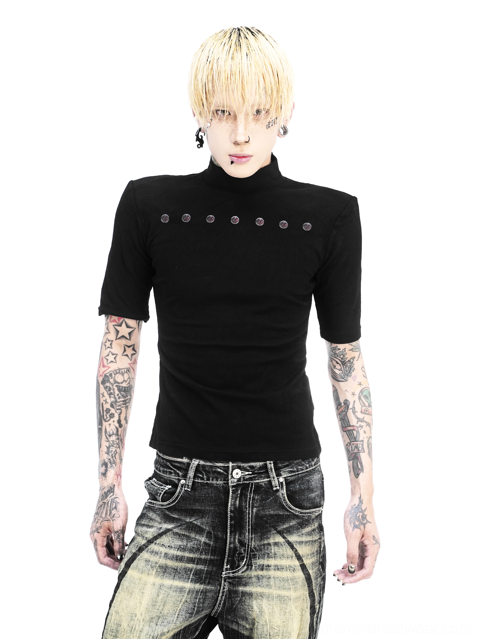 Front view of a fitted black short sleeve mock neck tee with a row of dark circular studs across the neckline