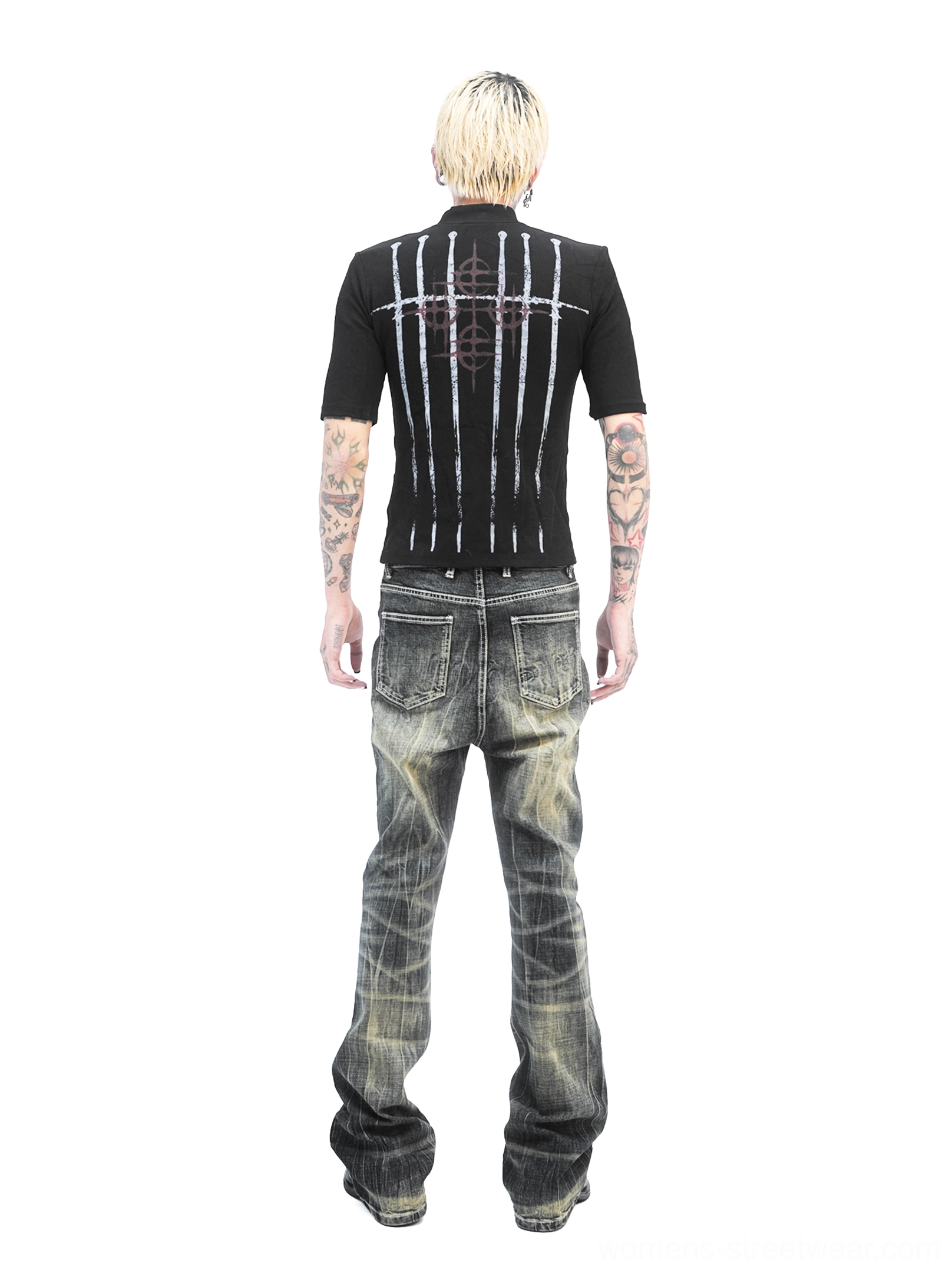 Back view of a black mock neck graphic streetwear tee featuring vertical white blade artwork and red crimson sigils