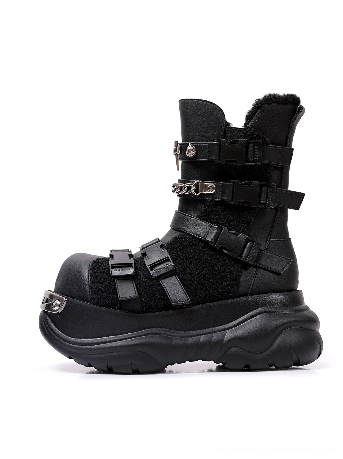 Black multi-buckle platform moto boots with chunky lug soles, metal toe caps, fleece vamp panels, and punk streetwear styling shown from the left side