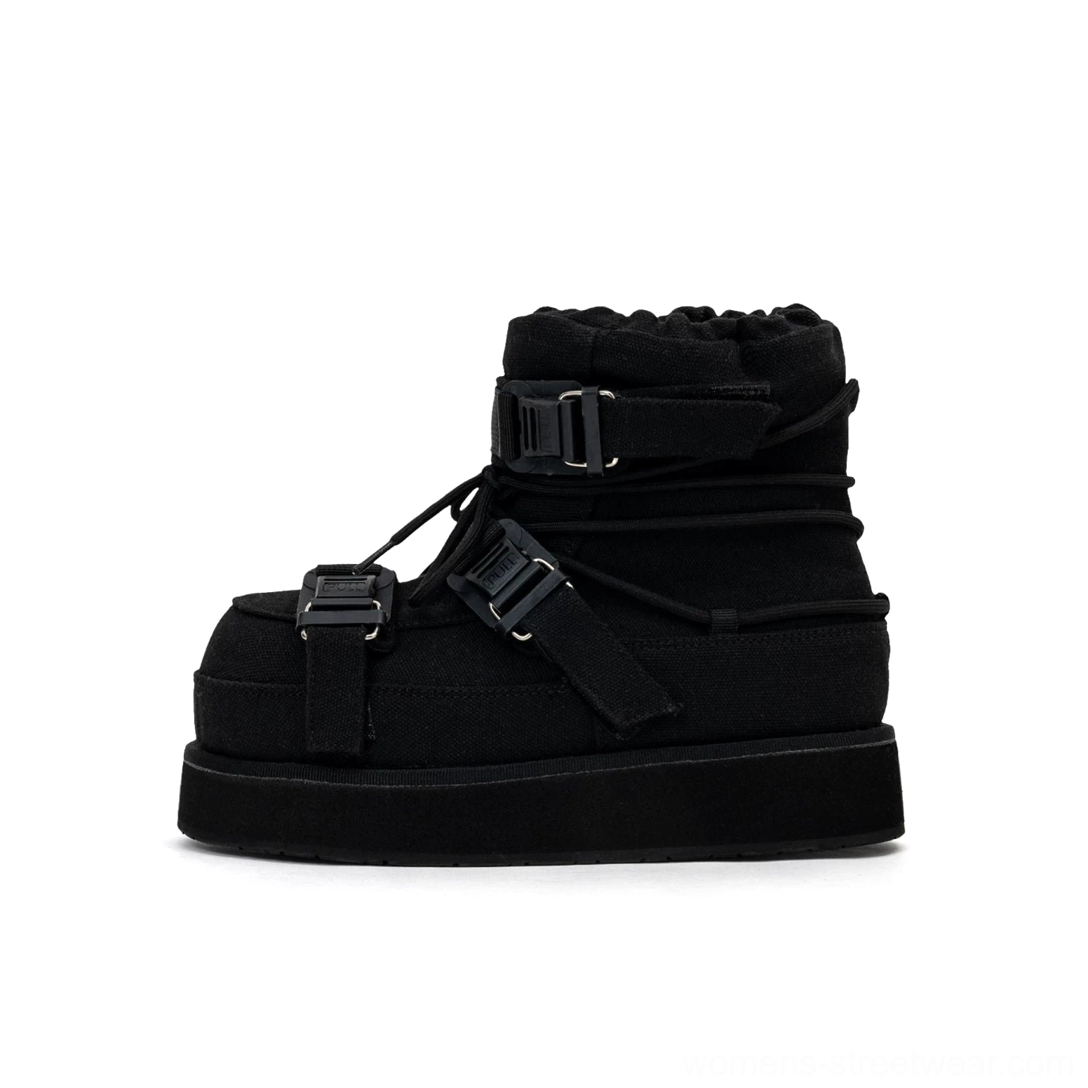 Black multi-buckle platform snow boot side profile on white background, showing matte padded upper, lace-up front, fleece collar and rubber sole