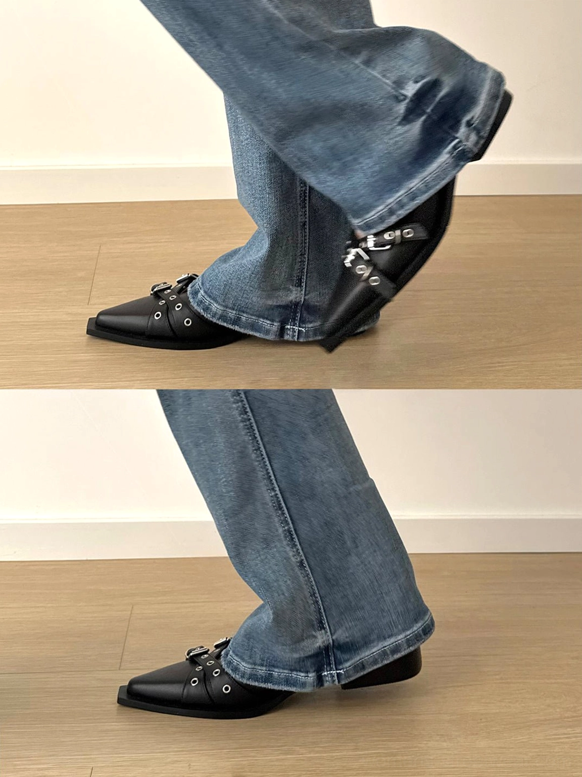 Close side rear view of black multi-buckle pointed Mary Jane flats highlighting ankle strap and silver hardware