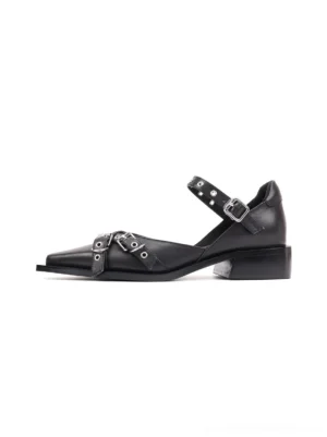 Black multi-buckle pointed Mary Jane flats with silver hardware and low square heel shown in left three-quarter studio view