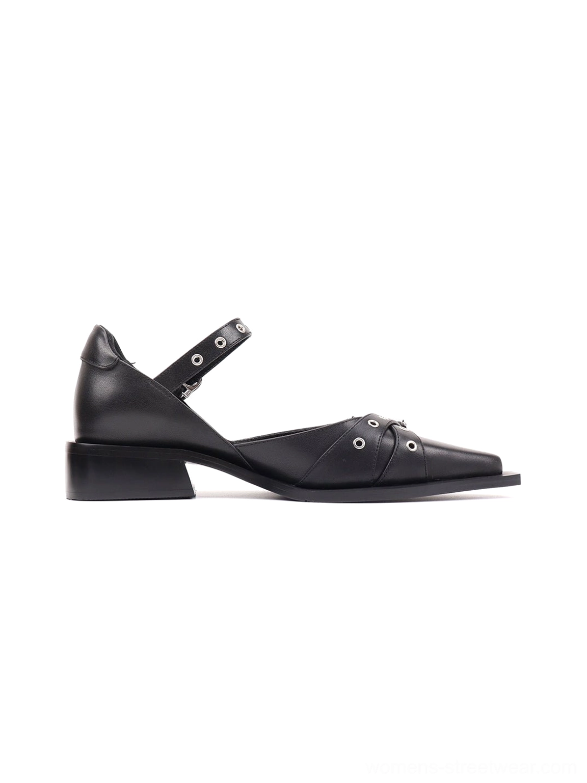 Rear view of black multi-buckle pointed Mary Jane flats showing low square heels and heel strap hardware