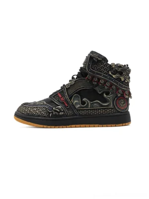 Black mythic armor high-top sneakers shown in left side profile with bronze embossed relief panels red accent trims and gum rubber outsole