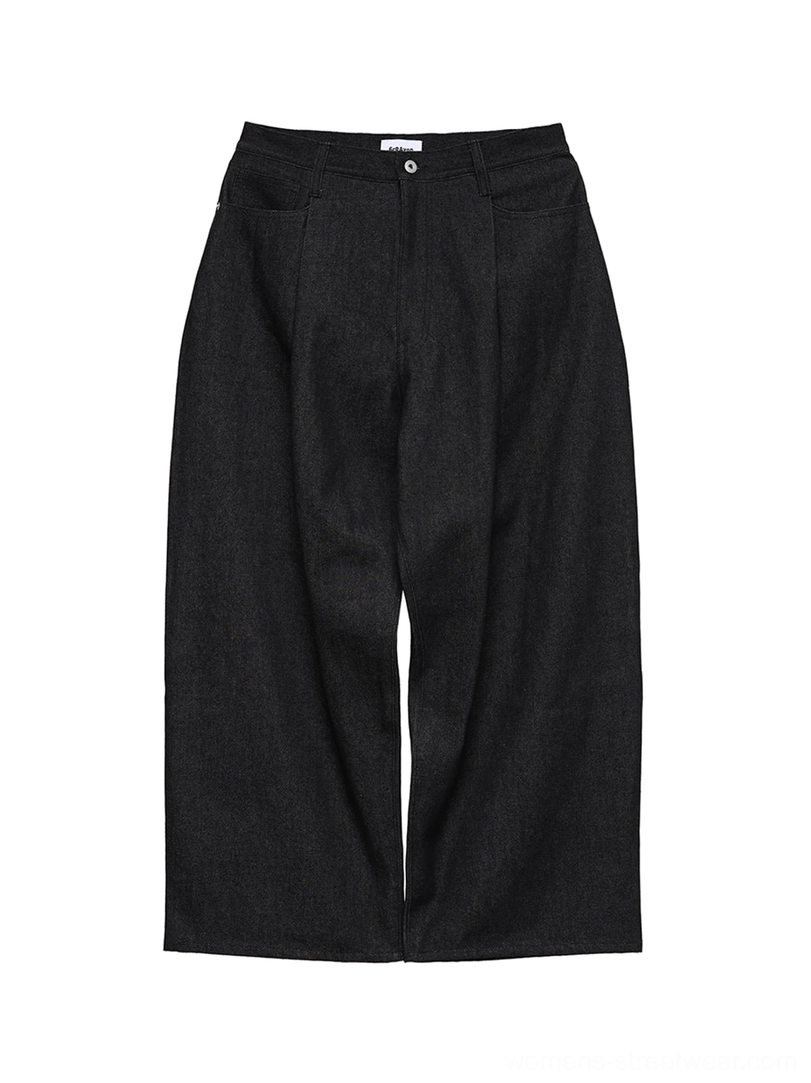 Front flat lay view of black non-fade wide-leg streetwear jeans showing deep black 11.3 oz denim, button fly, front pockets, and relaxed wide-leg cut