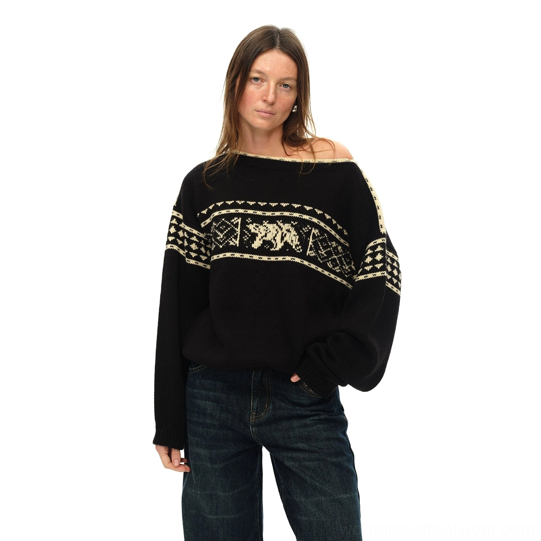 Black vintage Nordic bear jacquard oversized sweater in right three-quarter view showing dropped shoulders ribbed hem and cream knit details
